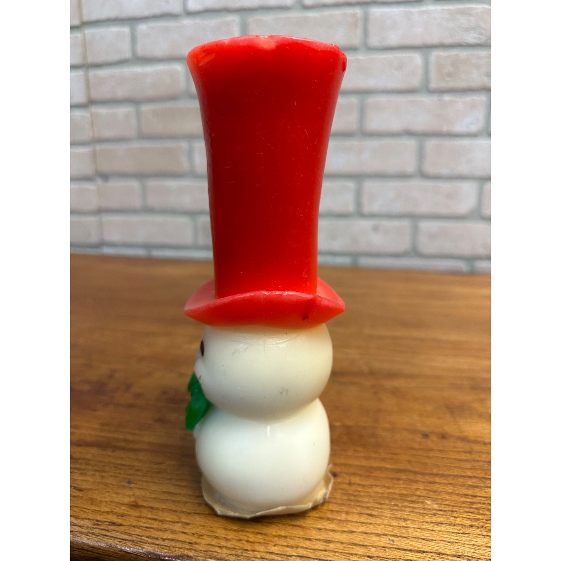 Vintage Gurley Unused Candle Snowman Red Top Hat Green Bowtie W Label 8” Tall