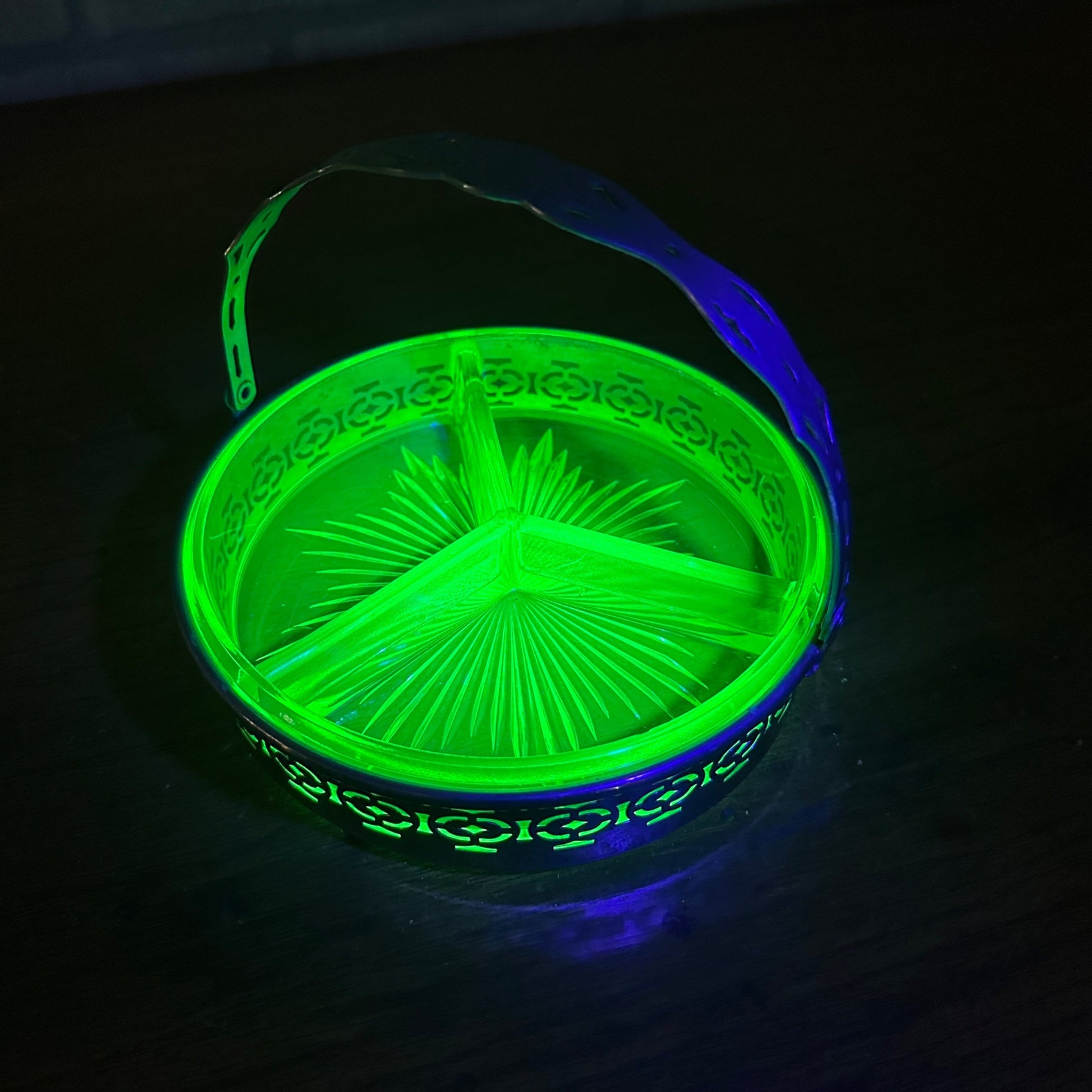 Antique 1900s Uranium Glass 3 Section Divided Dish w/ Silver Handled Caddy