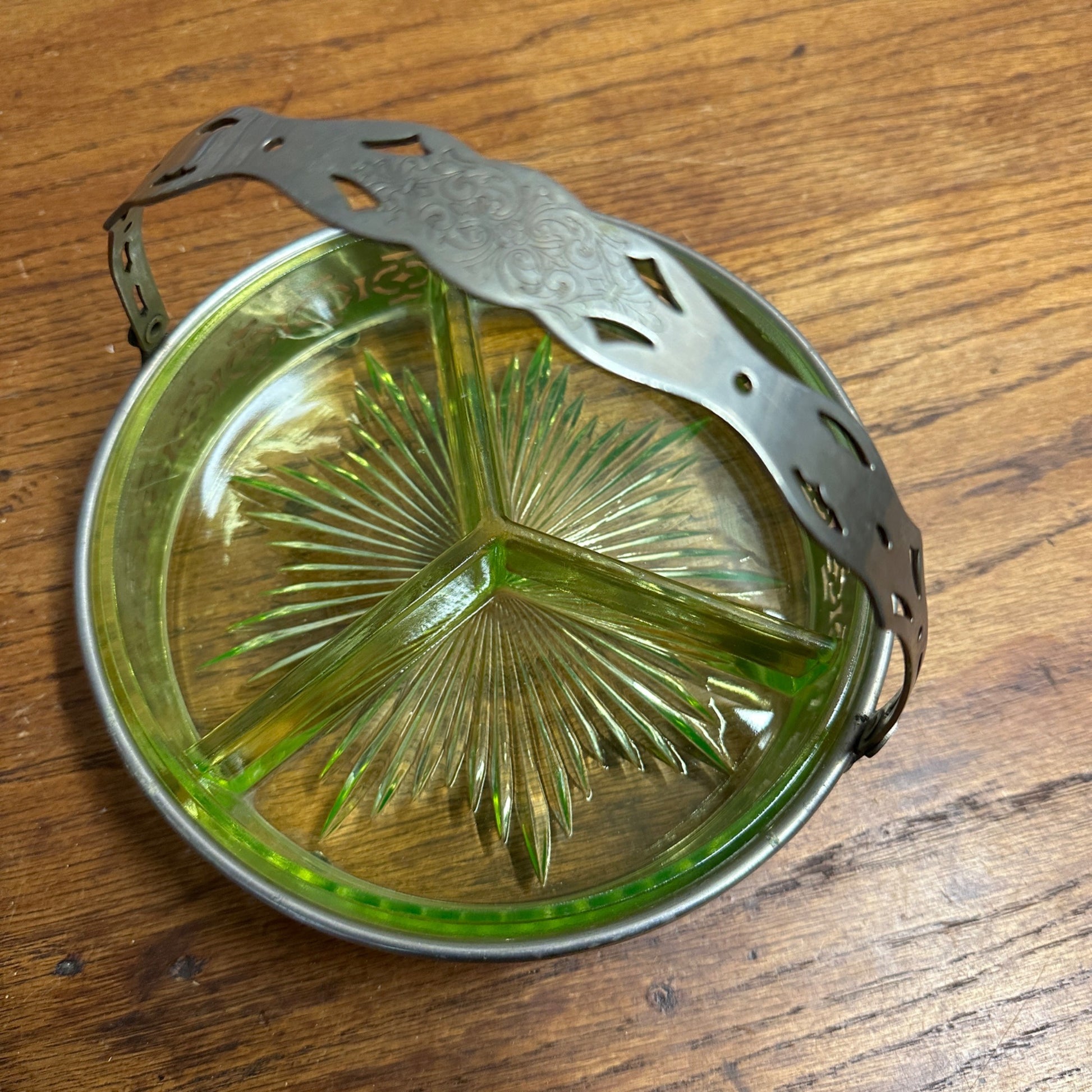 Antique 1900s Uranium Glass 3 Section Divided Dish w/ Silver Handled Caddy