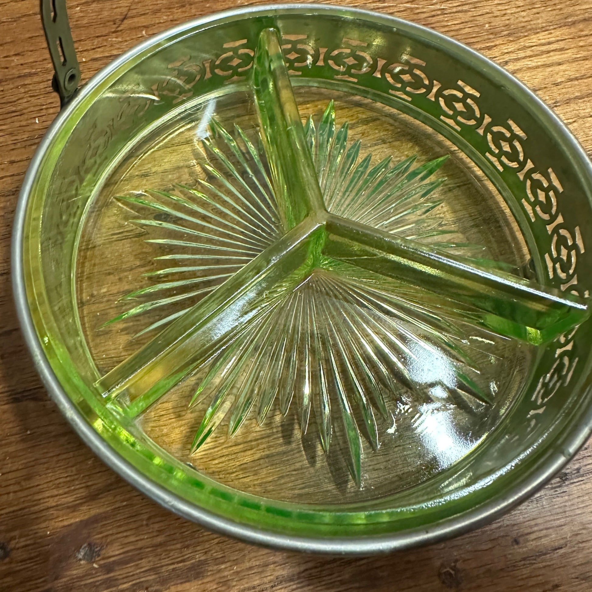 Antique 1900s Uranium Glass 3 Section Divided Dish w/ Silver Handled Caddy