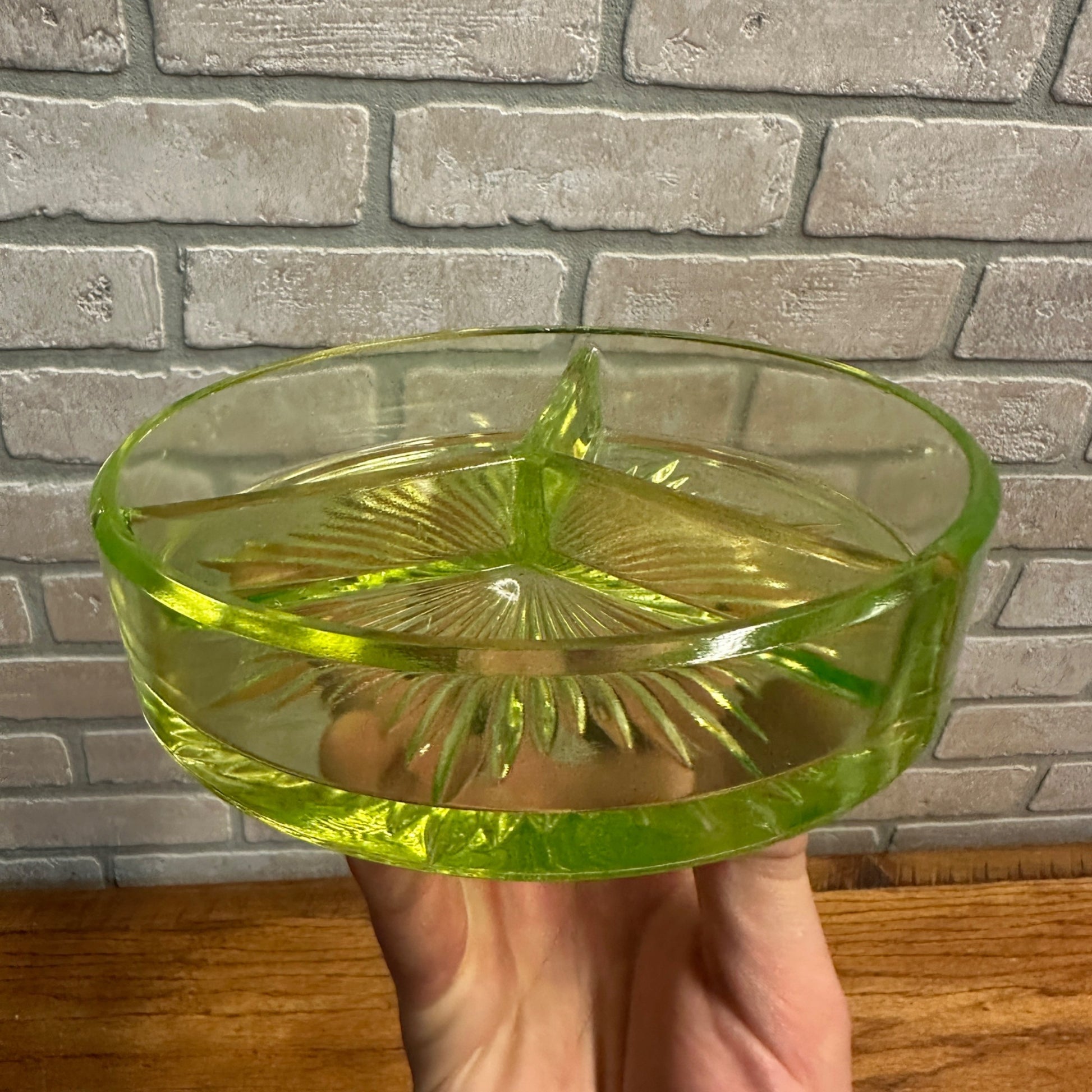 Antique 1900s Uranium Glass 3 Section Divided Dish w/ Silver Handled Caddy