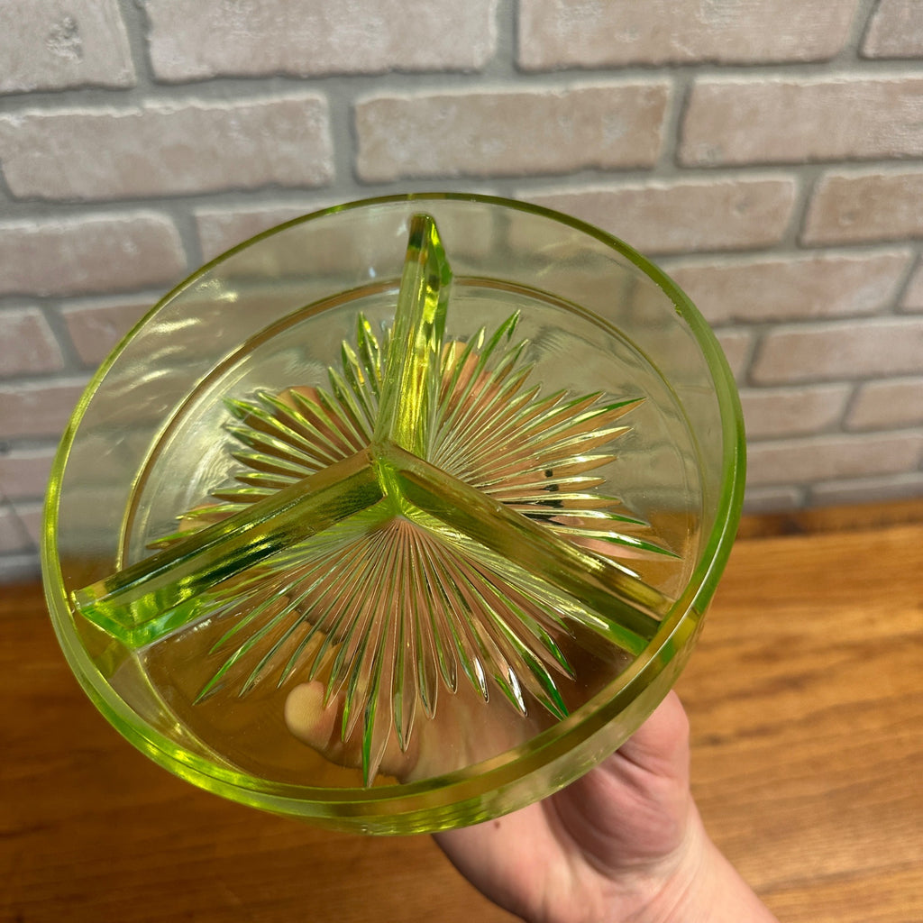 Antique 1900s Uranium Glass 3 Section Divided Dish w/ Silver Handled Caddy