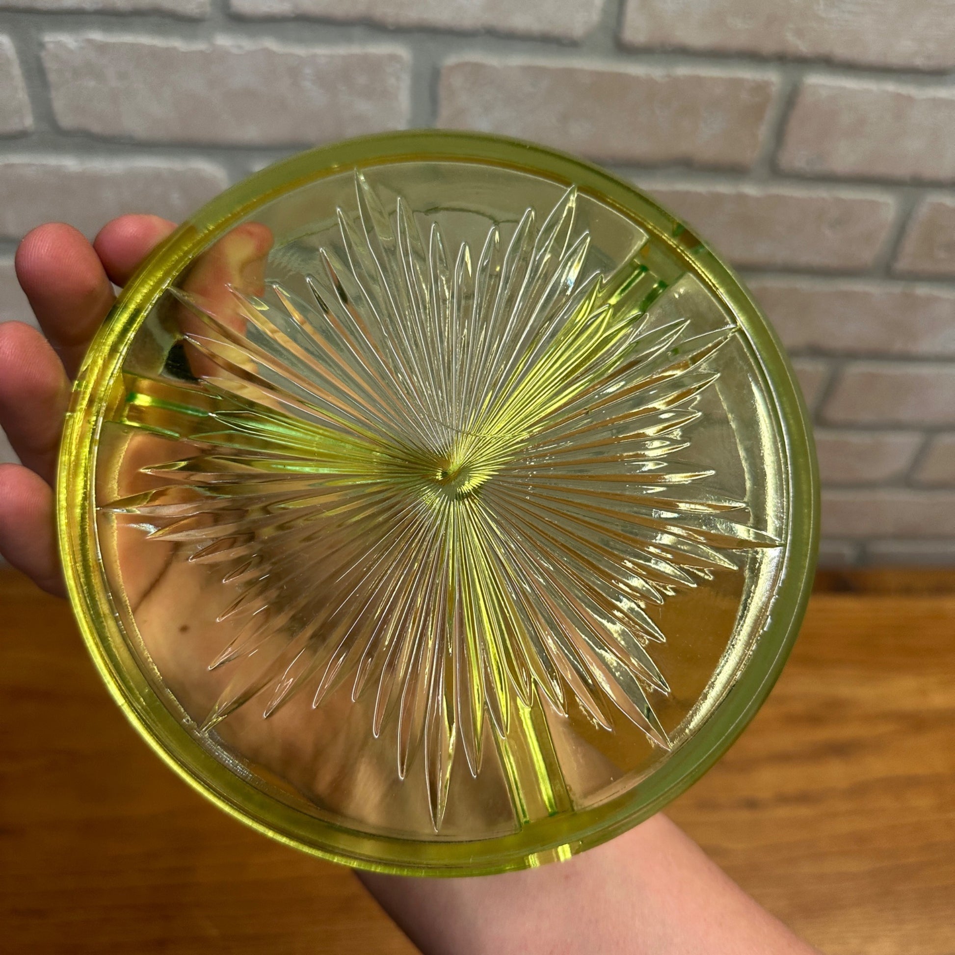 Antique 1900s Uranium Glass 3 Section Divided Dish w/ Silver Handled Caddy