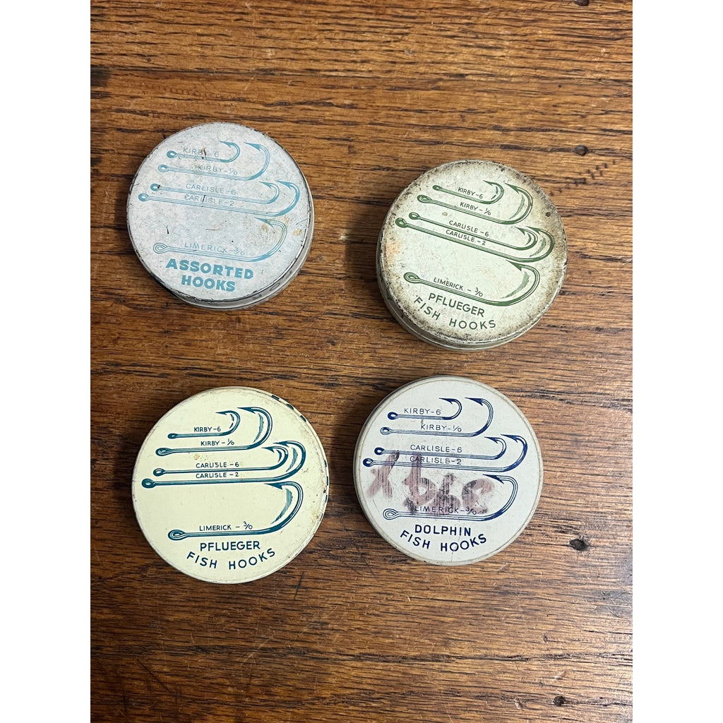 Vintage Fishing Hooks Tin Cans Pflueger Dolphin Walker Advertising Lot (4)