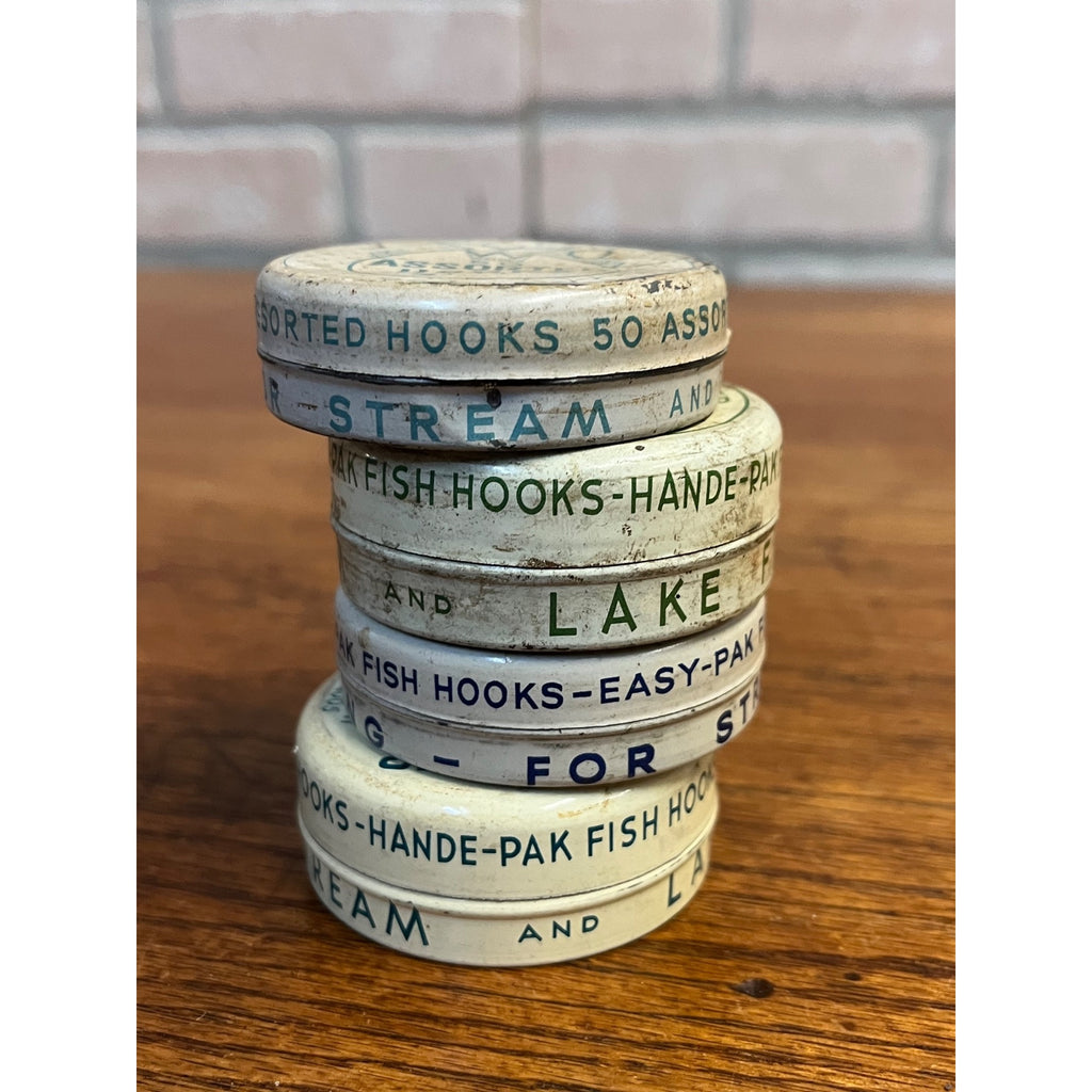 Vintage Fishing Hooks Tin Cans Pflueger Dolphin Walker Advertising Lot (4)