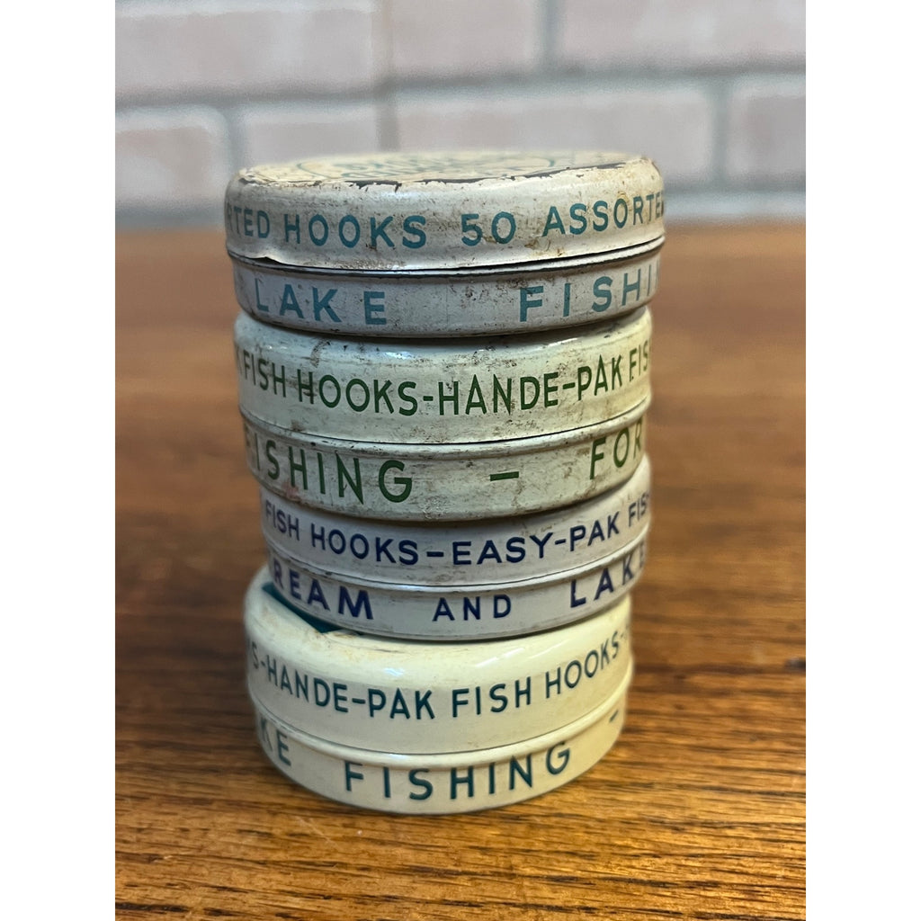 Vintage Fishing Hooks Tin Cans Pflueger Dolphin Walker Advertising Lot (4)