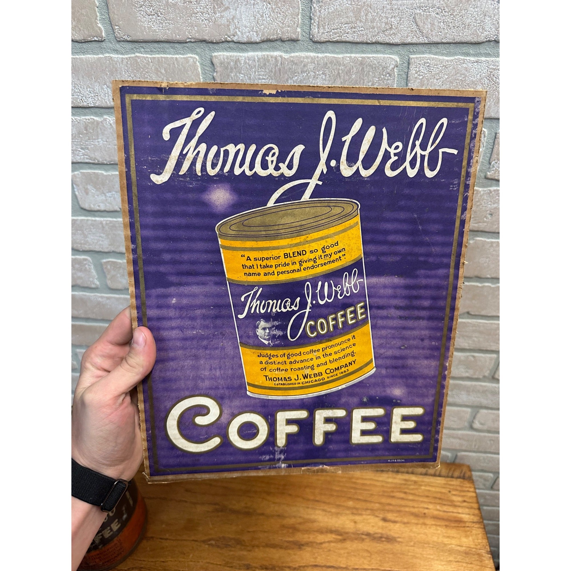 Vintage 1920s Thomas J. Webb Coffee Advertising Tin & Cardboard Sign Chicago