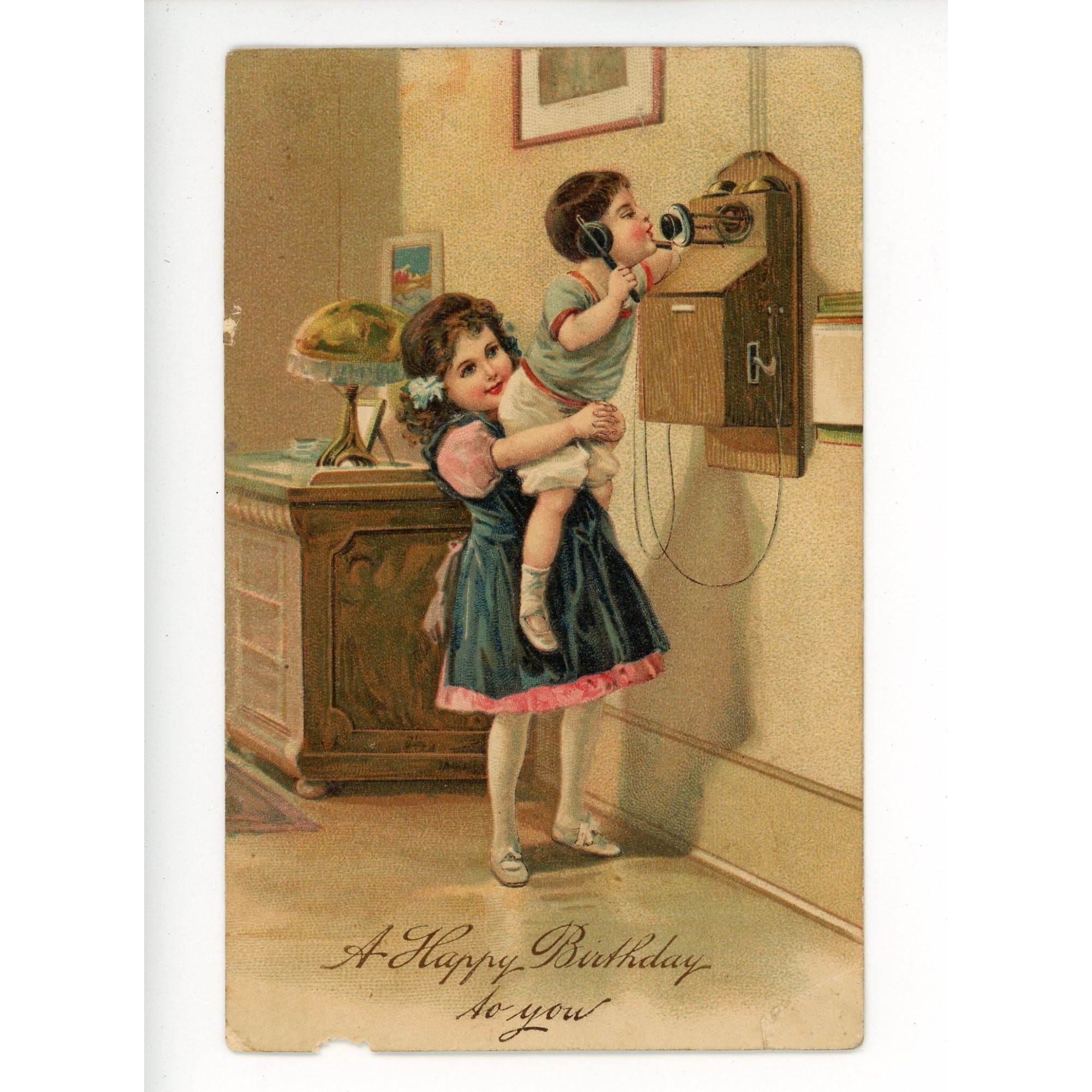 Vintage 1900s Victorian Happy Birthday Postcard Girls on Old Telephone