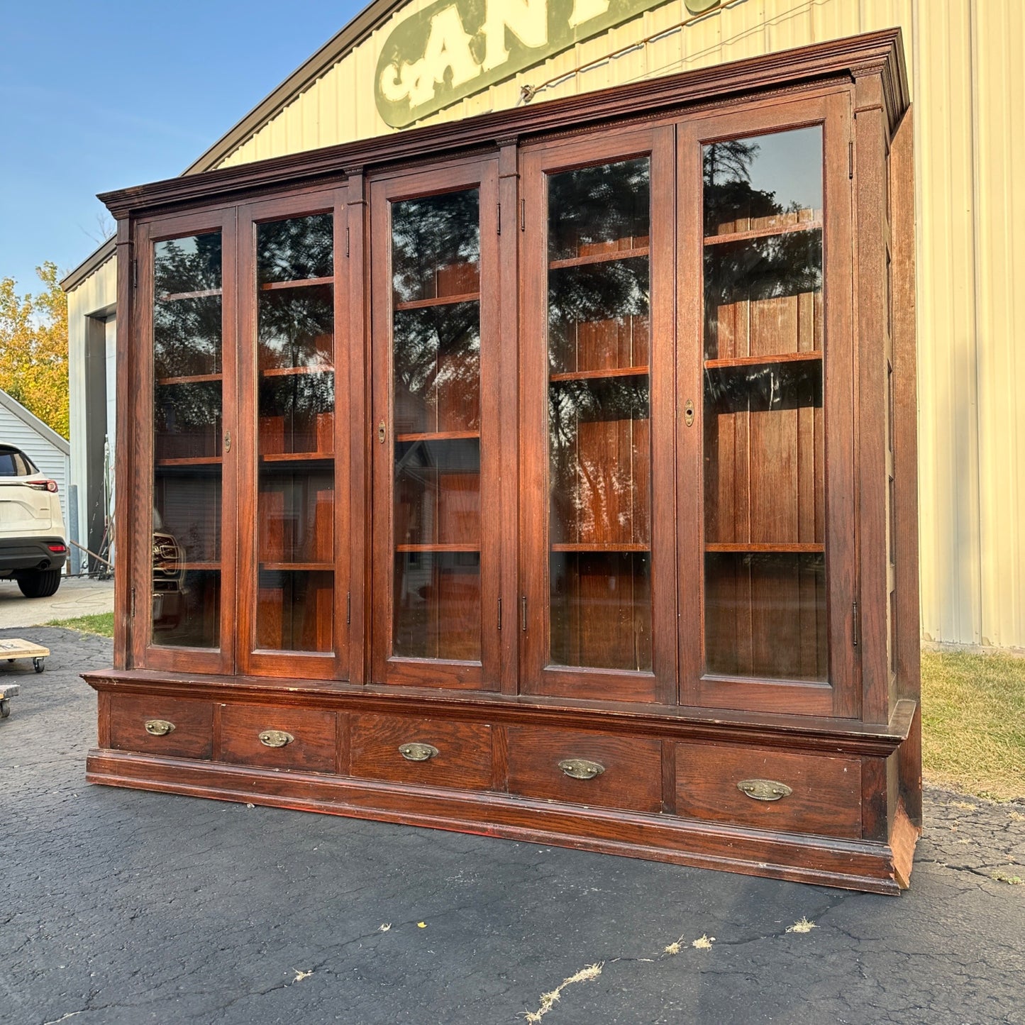 Antique 1900s Large Oak Apothecary General Store Cabinet Glass Bookcase Library