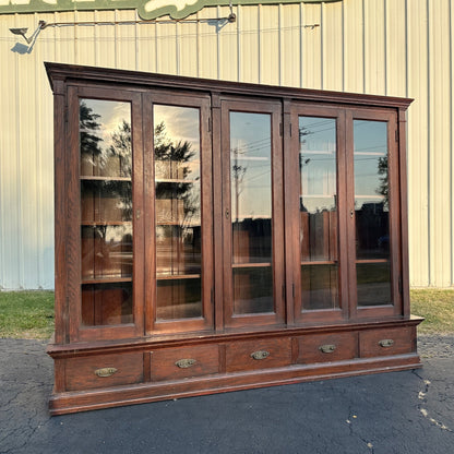 Antique 1900s Large Oak Apothecary General Store Cabinet Glass Bookcase Library