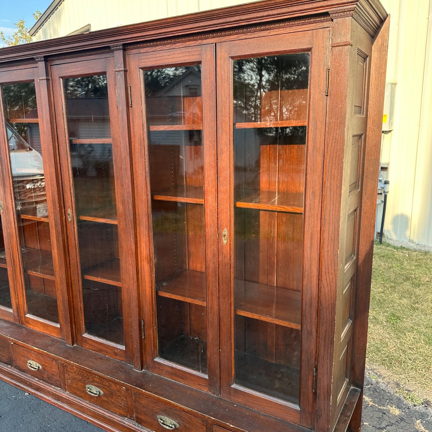 Antique 1900s Large Oak Apothecary General Store Cabinet Glass Bookcase Library