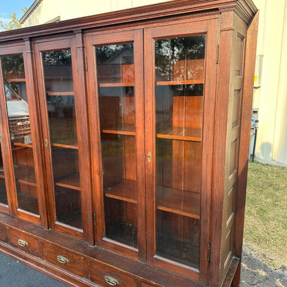 Antique 1900s Large Oak Apothecary General Store Cabinet Glass Bookcase Library