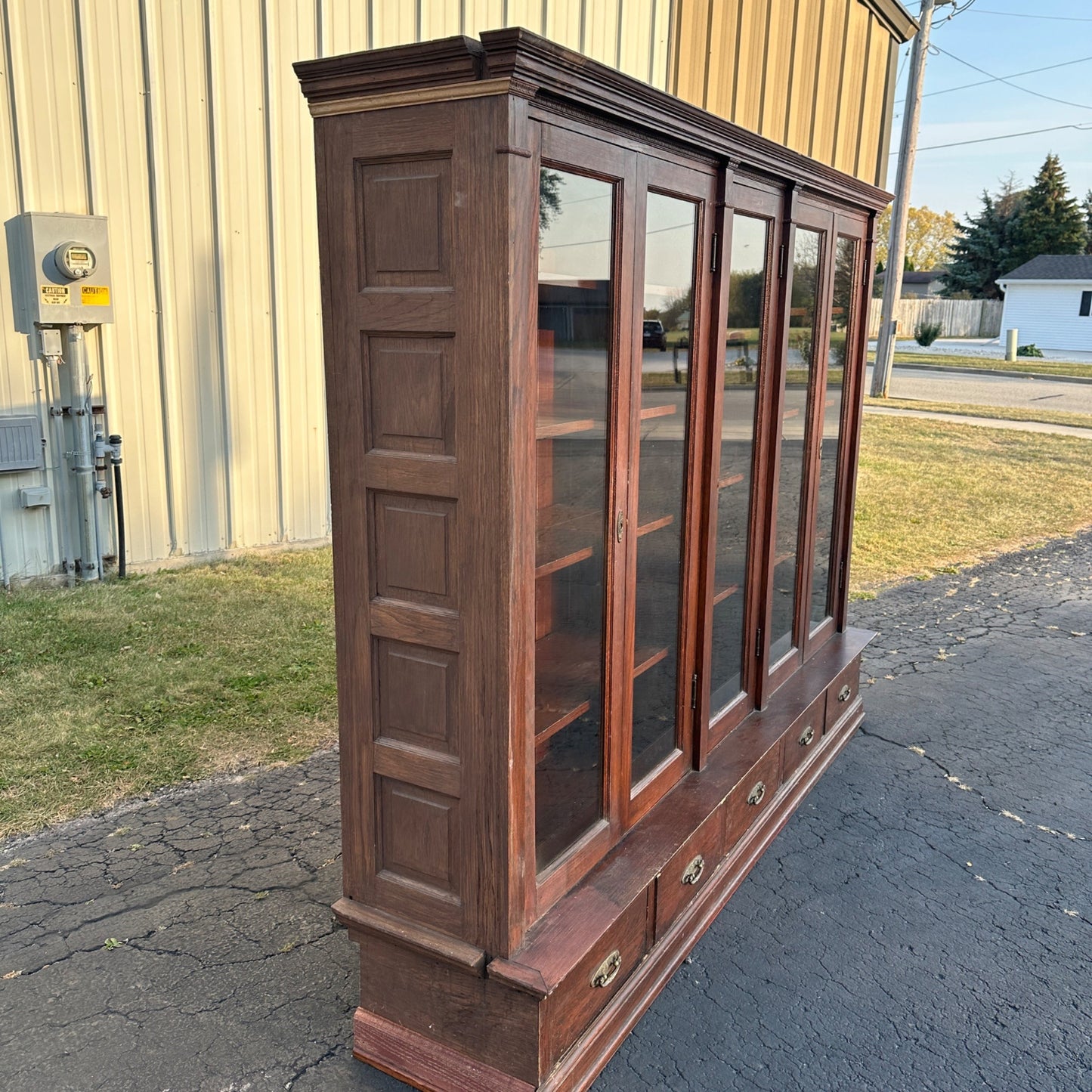 Antique 1900s Large Oak Apothecary General Store Cabinet Glass Bookcase Library