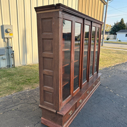 Antique 1900s Large Oak Apothecary General Store Cabinet Glass Bookcase Library