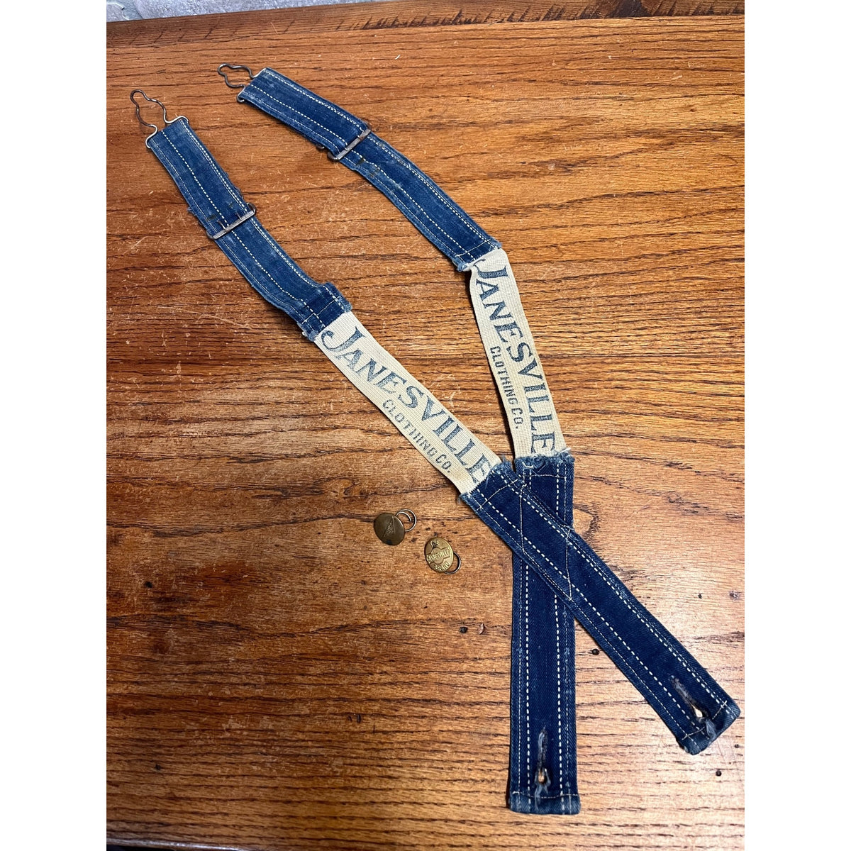Vintage Janesville Clothing Co. Bib Overall Straps and Brass Button Lot Early American Denim Workwear Janesville, Wisconsin