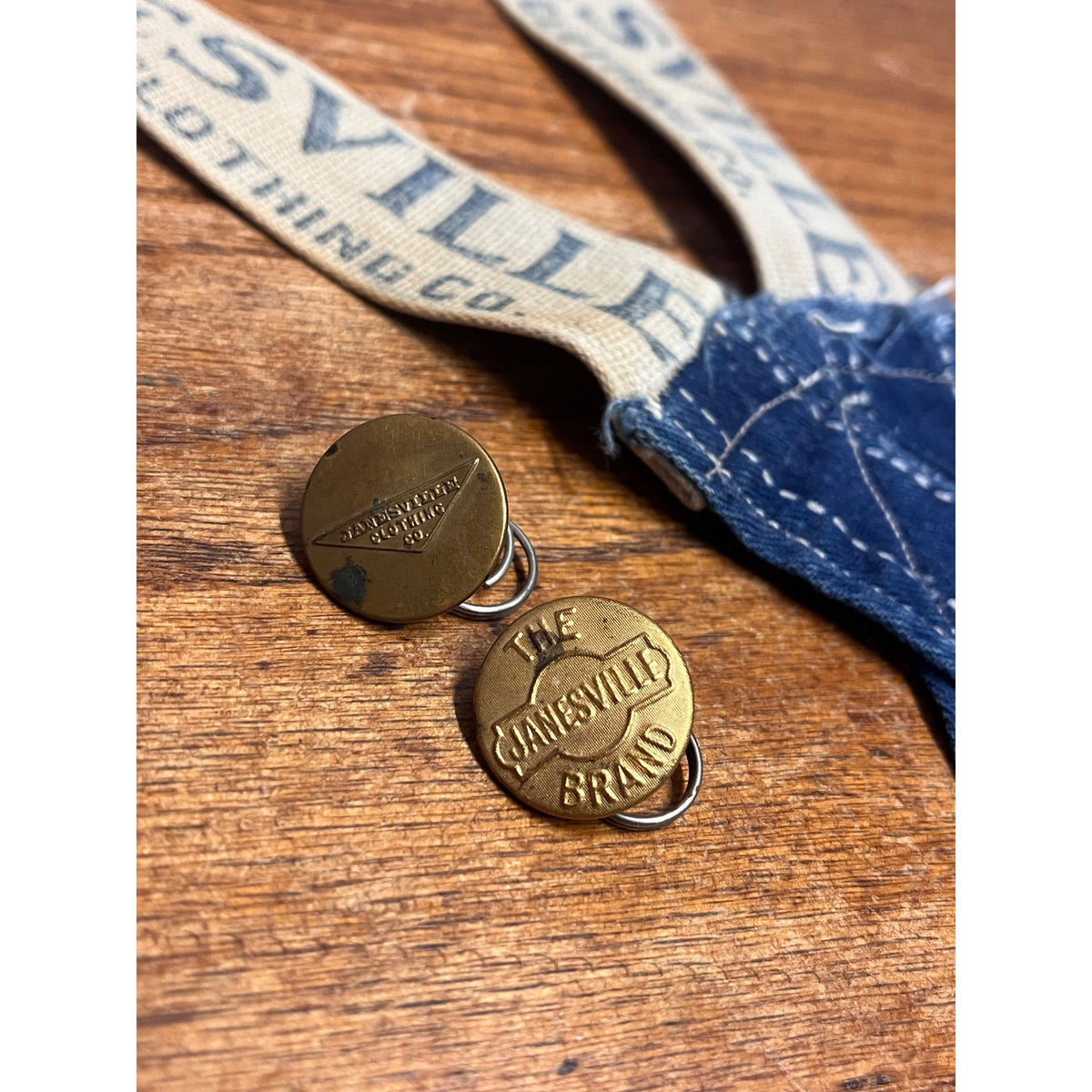 Vintage Janesville Clothing Co. Bib Overall Straps and Brass Button Lot Early American Denim Workwear Janesville, Wisconsin