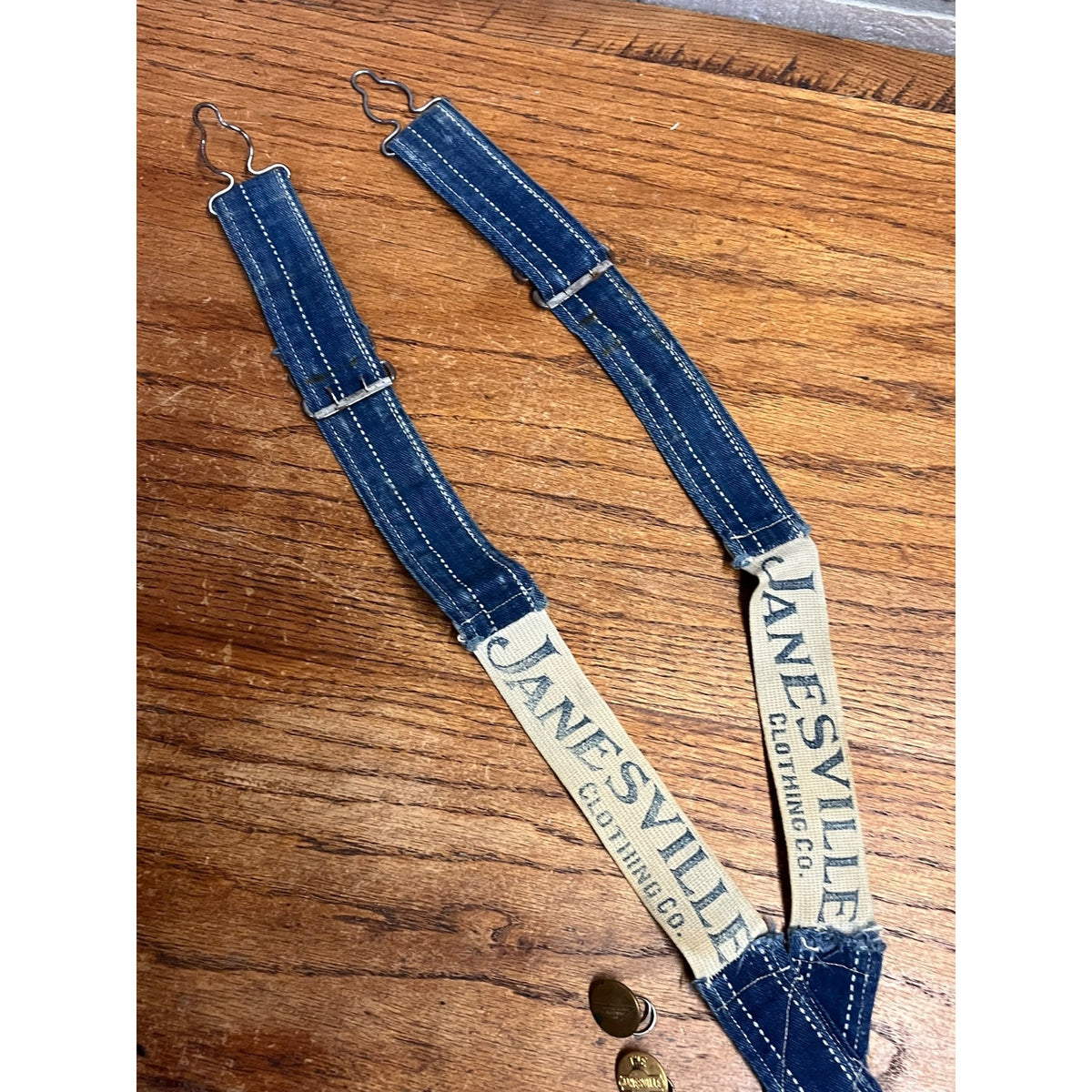 Vintage Janesville Clothing Co. Bib Overall Straps and Brass Button Lot Early American Denim Workwear Janesville, Wisconsin