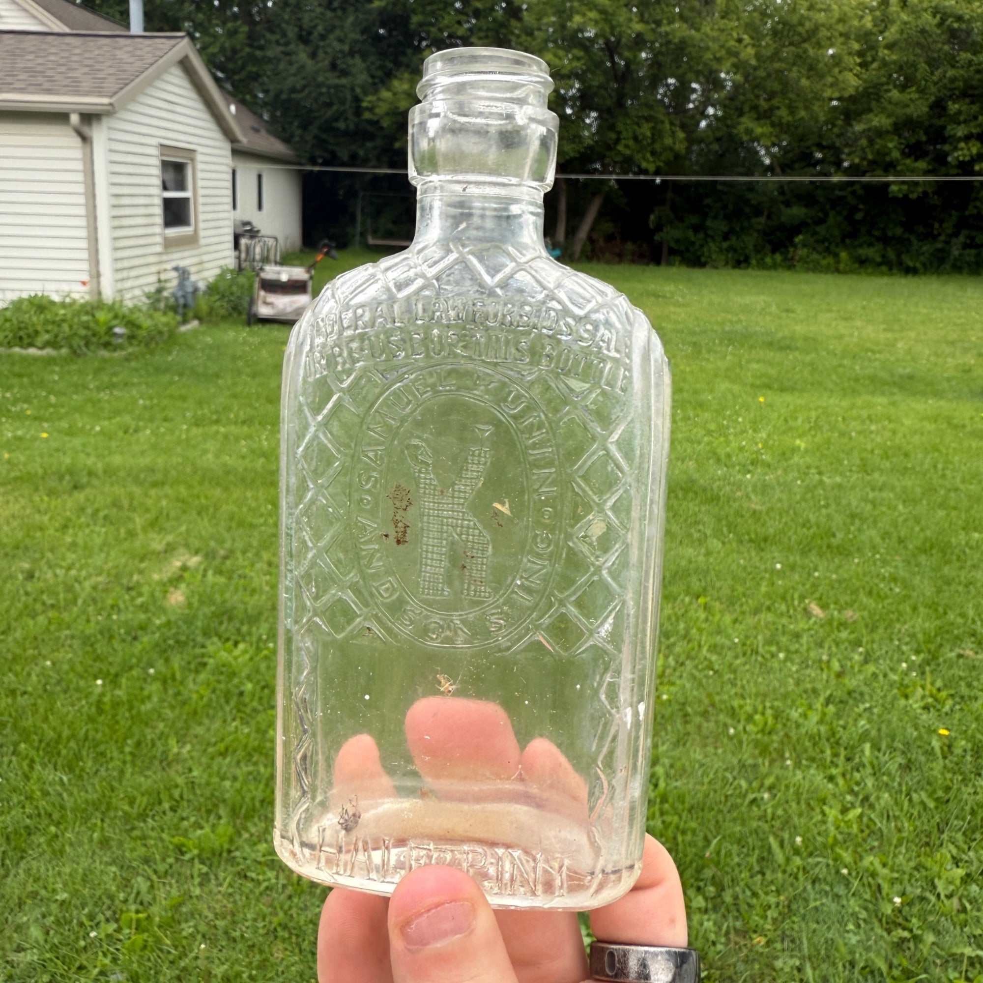 Vintage Samuel Kunin & Sons Whiskey Liquor Glass Bottle Half Pint Chicago Embossed