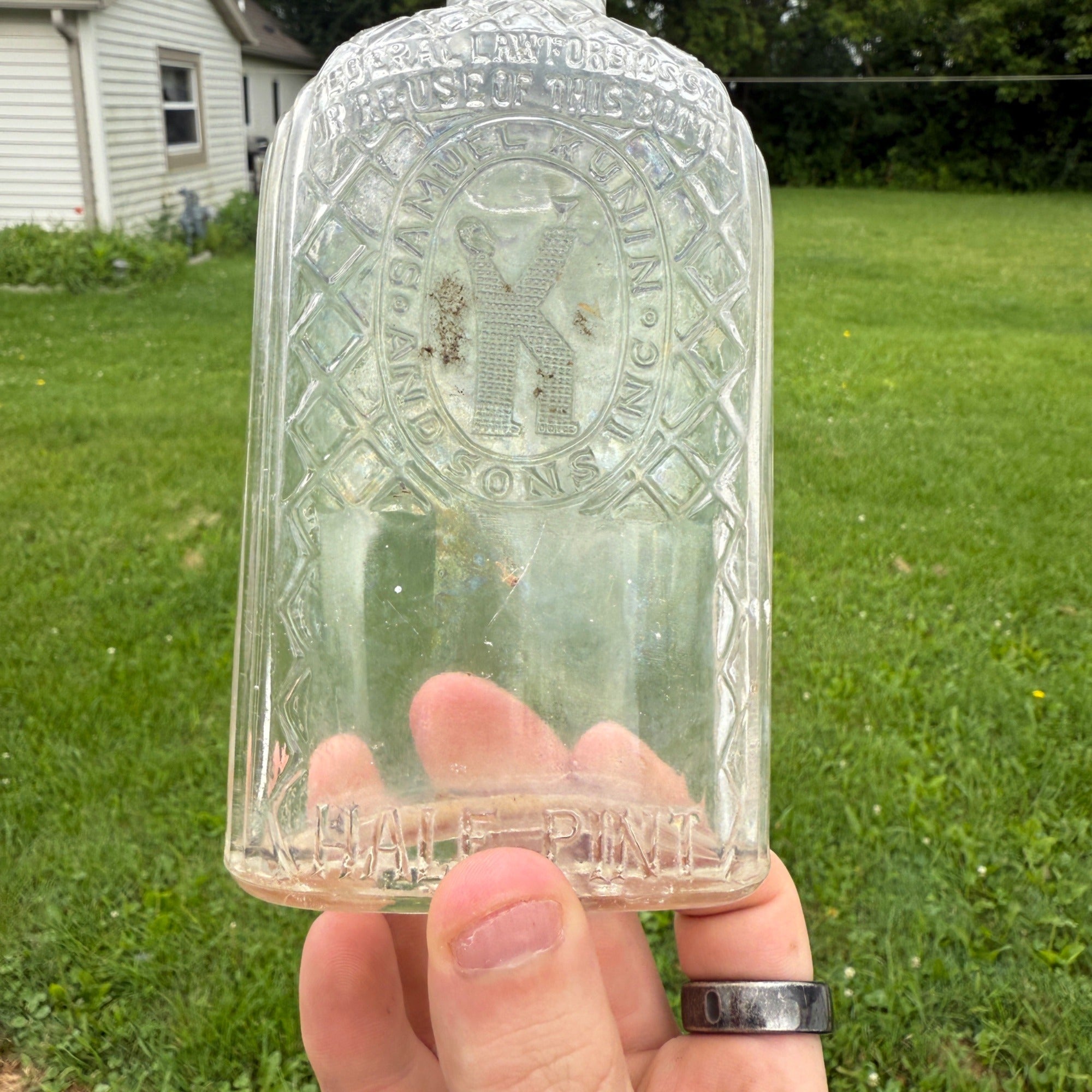 Vintage Samuel Kunin & Sons Whiskey Liquor Glass Bottle Half Pint Chicago Embossed
