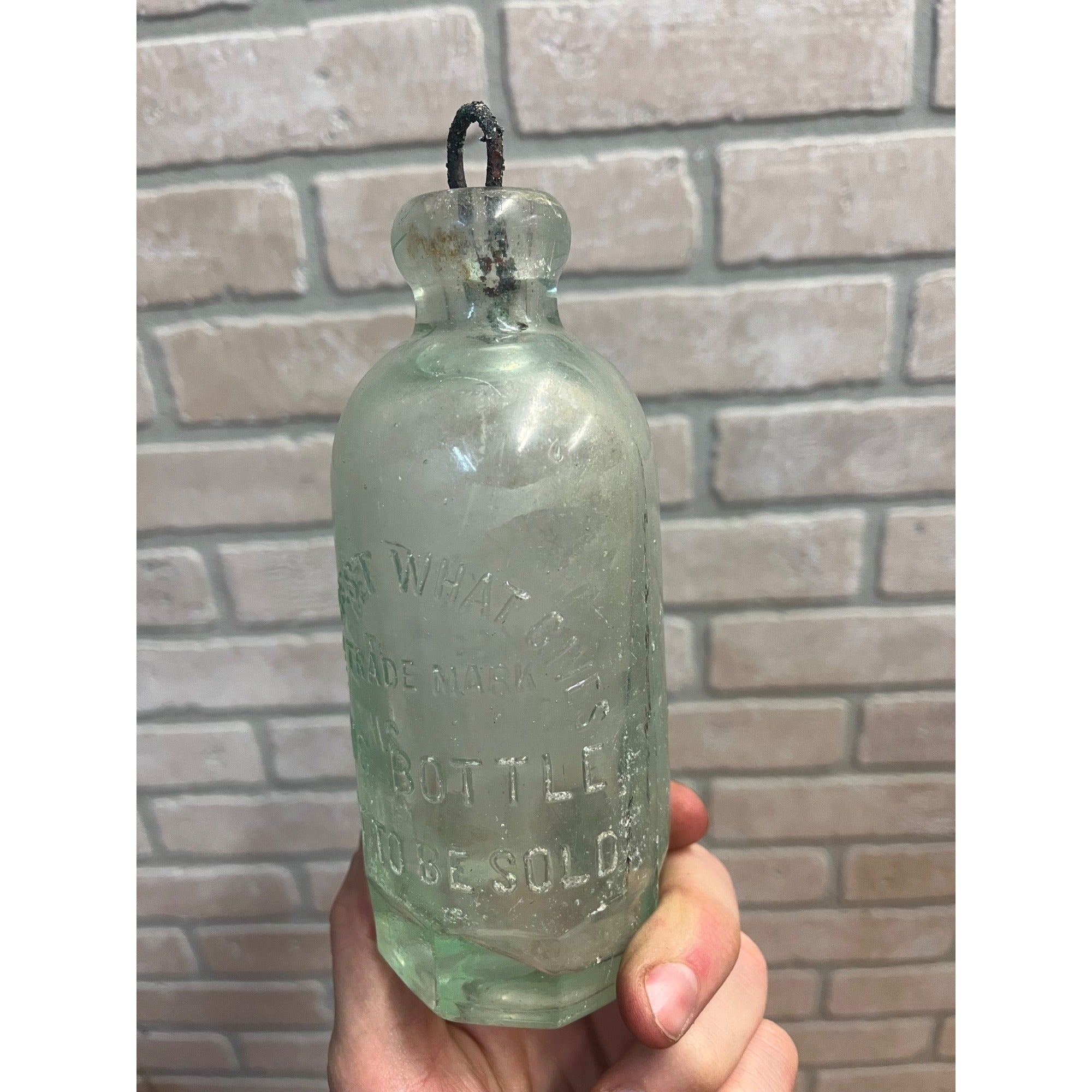 John Graf Milwaukee Wis Aqua Blue Glass Soda Bottle Blob Top Octagon Base WI