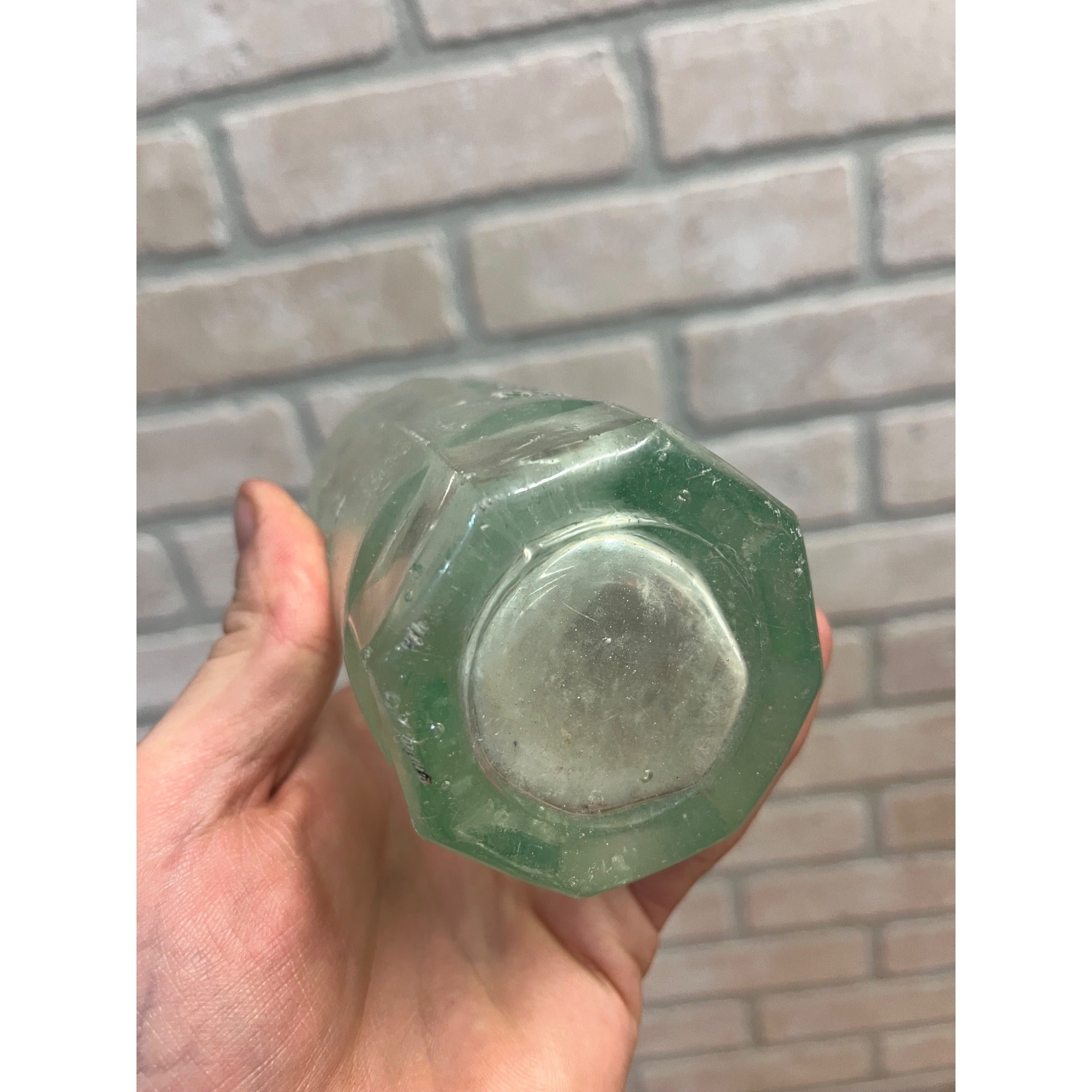 John Graf Milwaukee Wis Aqua Blue Glass Soda Bottle Blob Top Octagon Base WI