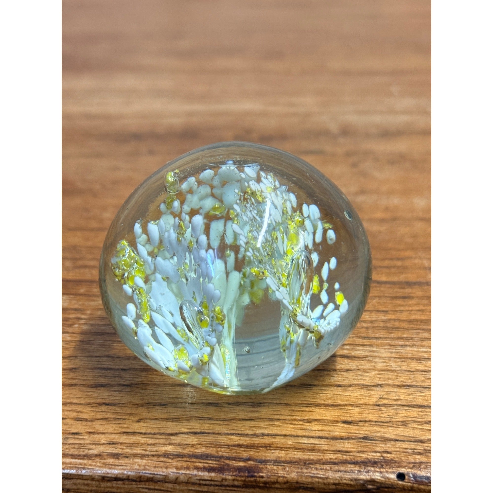 Art Glass Paperweight Millefiori Yellow Gold White Flowers Murano Style, Murano