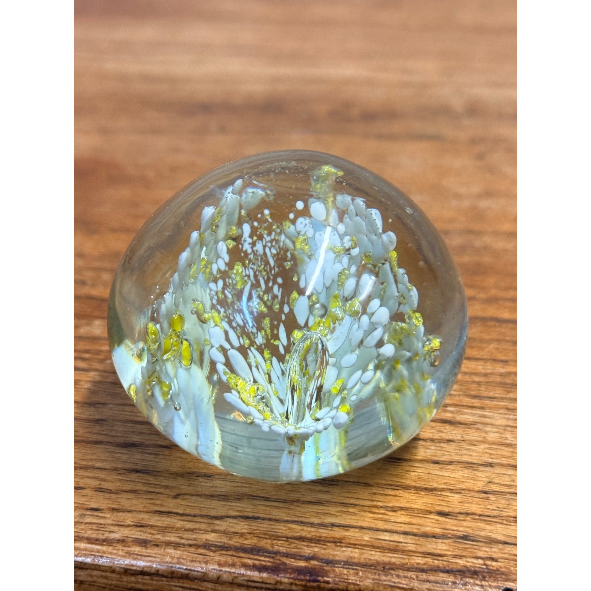 Art Glass Paperweight Millefiori Yellow Gold White Flowers Murano Style, Murano