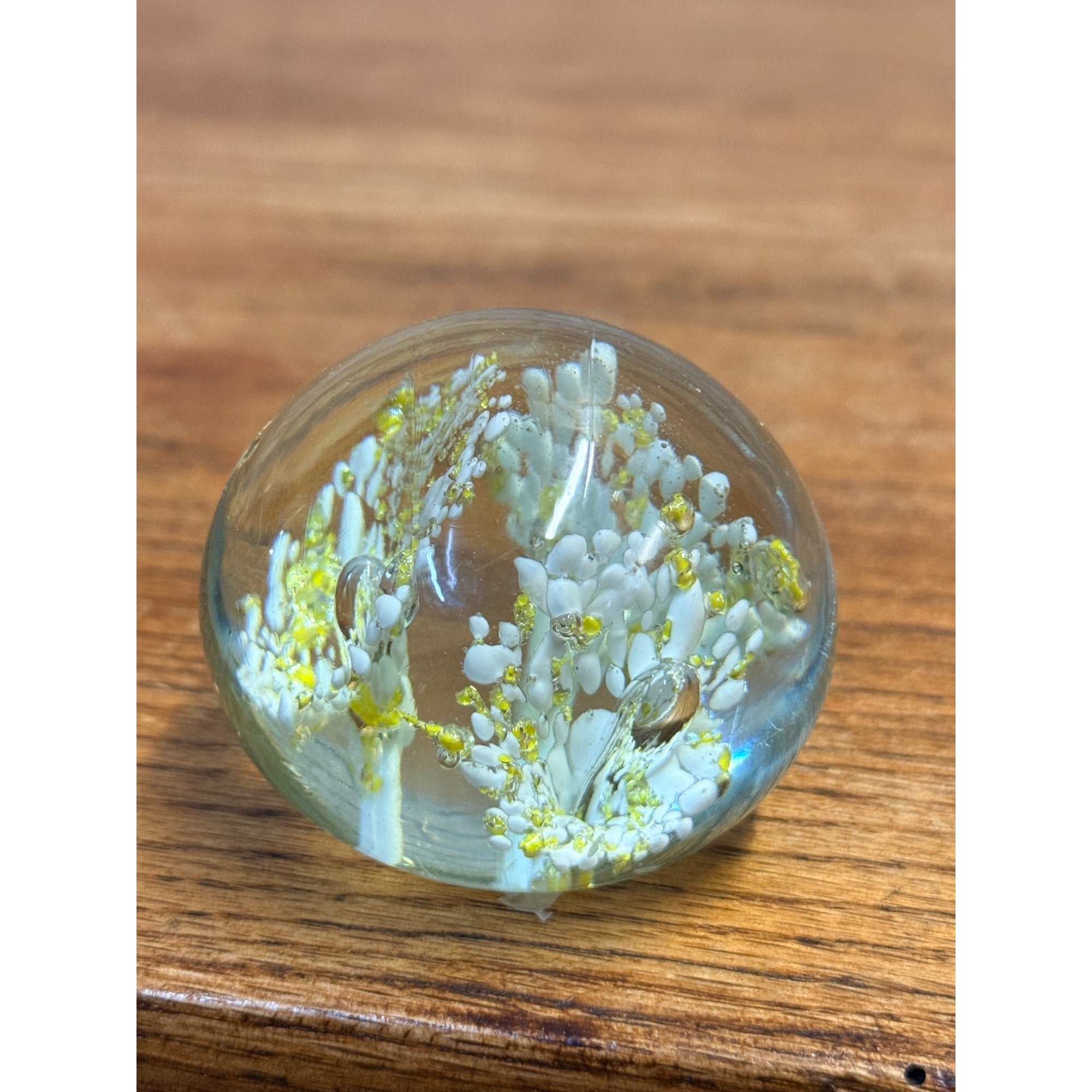 Art Glass Paperweight Millefiori Yellow Gold White Flowers Murano Style, Murano