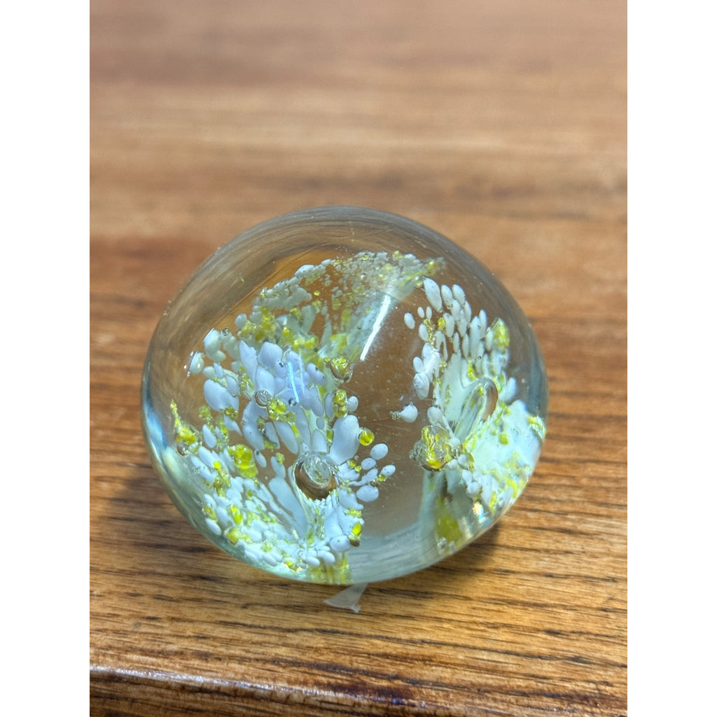 Art Glass Paperweight Millefiori Yellow Gold White Flowers Murano Style, Murano