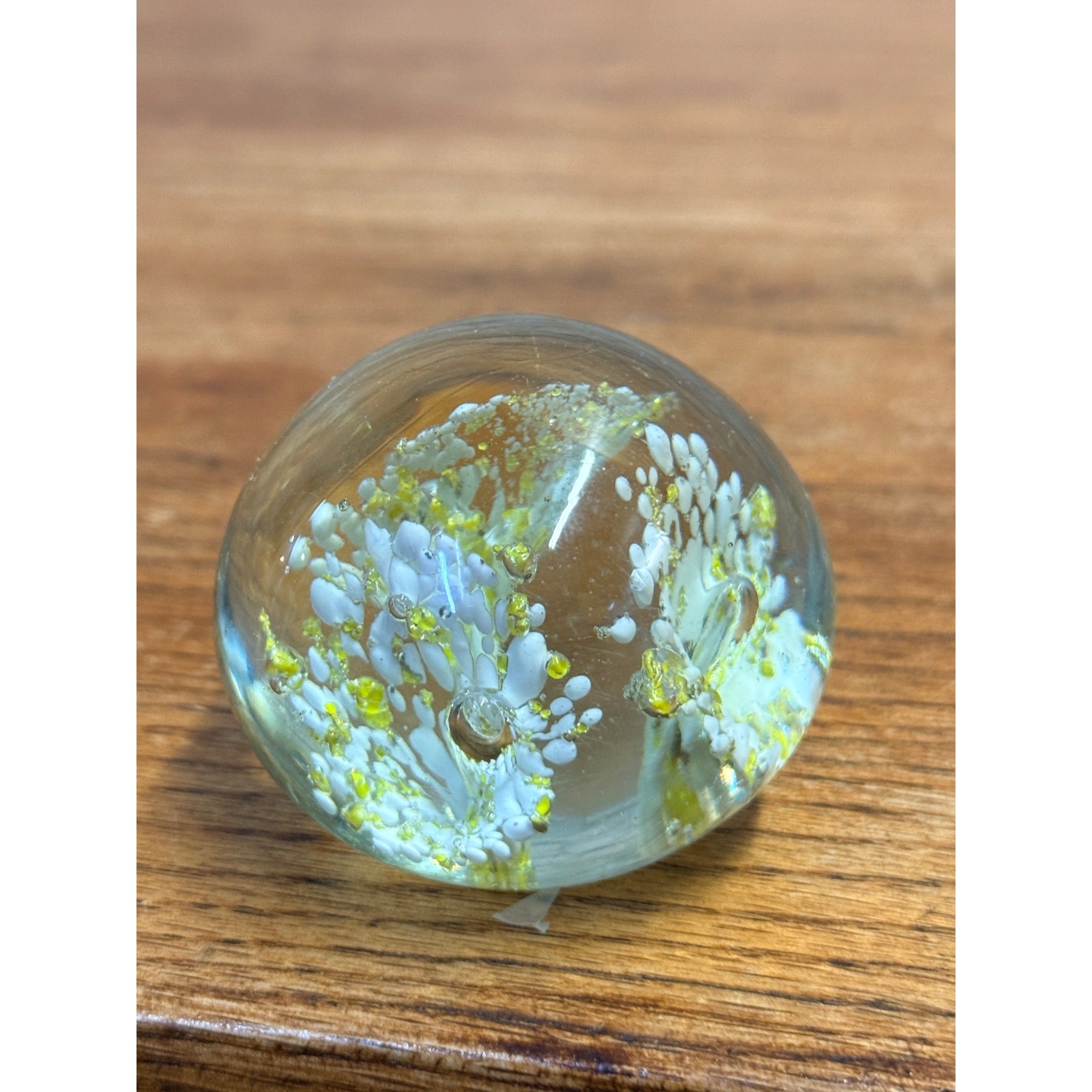 Art Glass Paperweight Millefiori Yellow Gold White Flowers Murano Style, Murano