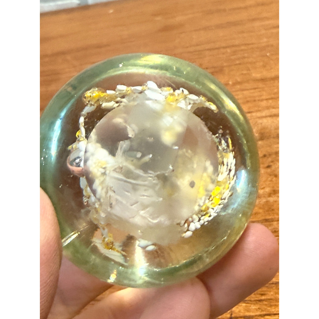 Art Glass Paperweight Millefiori Yellow Gold White Flowers Murano Style, Murano