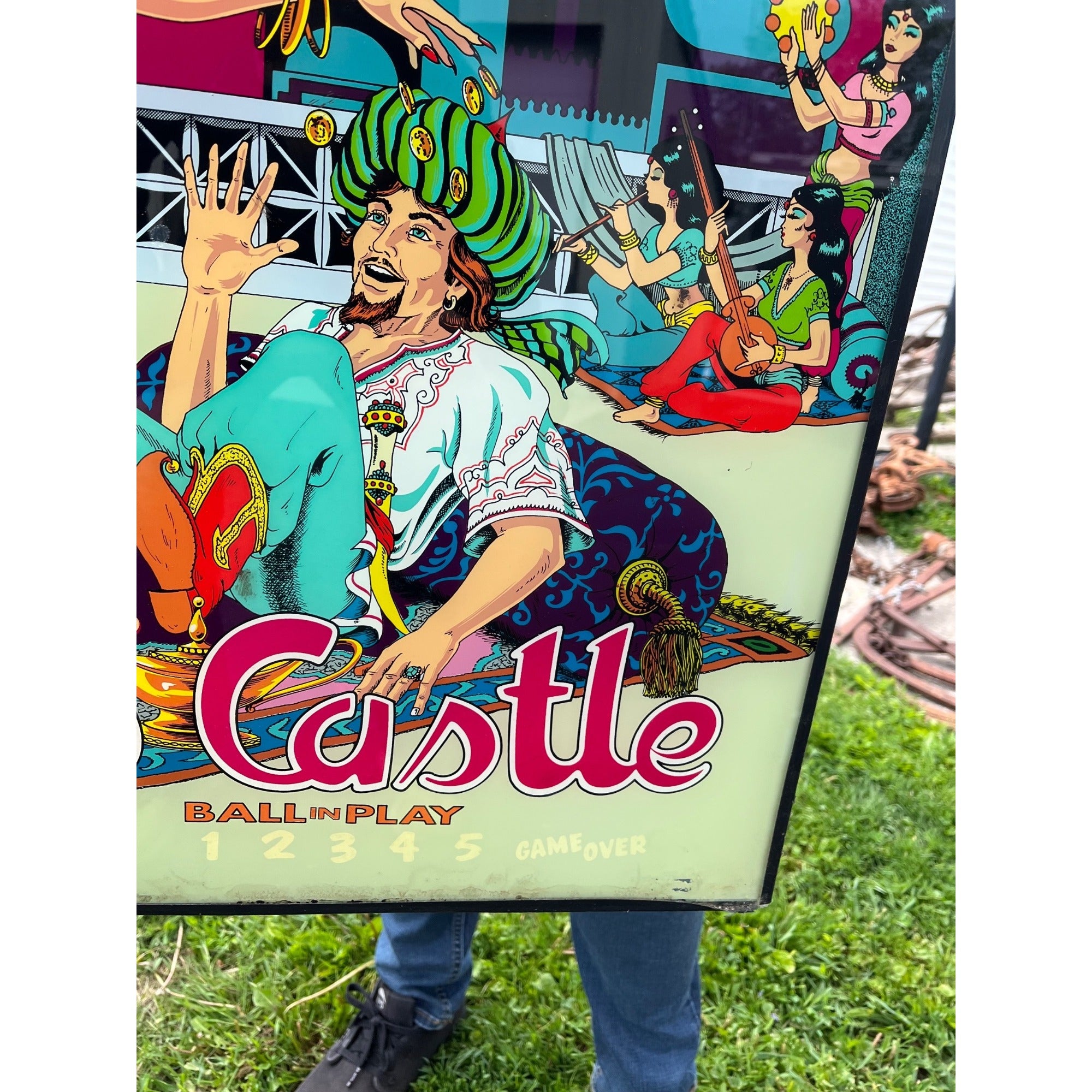 Vintage 1976 Bally Aladdin's Castle Pinball Game Back Glass