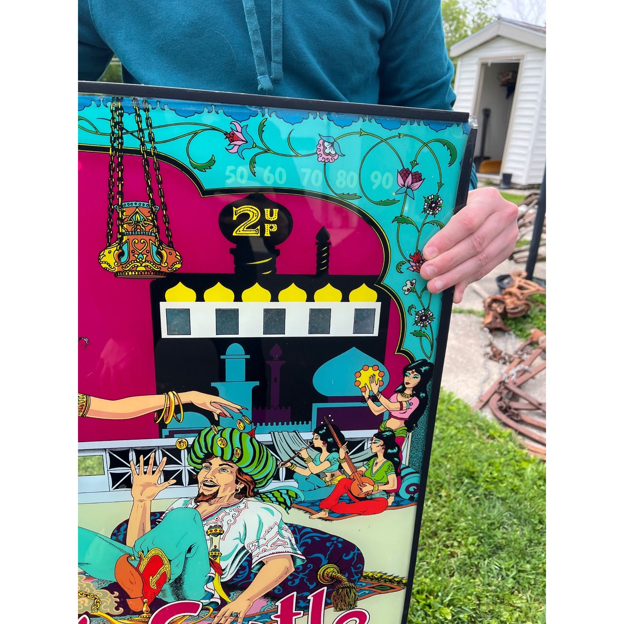 Vintage 1976 Bally Aladdin's Castle Pinball Game Back Glass