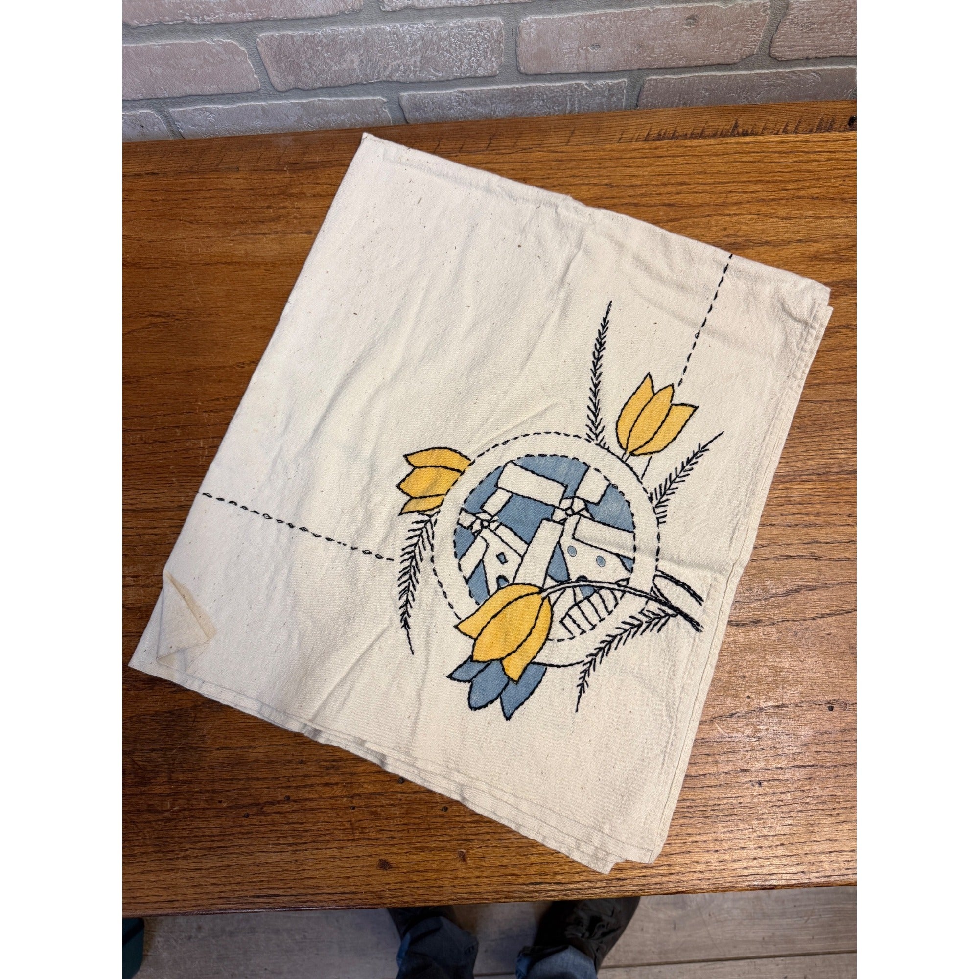 Vintage Hand-Embroidered Rectangular Tablecloth With Windmill and Tulip Decoration Antique Linen Holland Dutch Netherlands