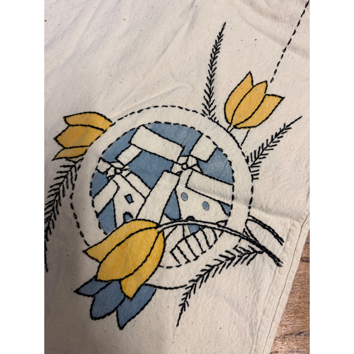 Vintage Hand-Embroidered Rectangular Tablecloth With Windmill and Tulip Decoration Antique Linen Holland Dutch Netherlands
