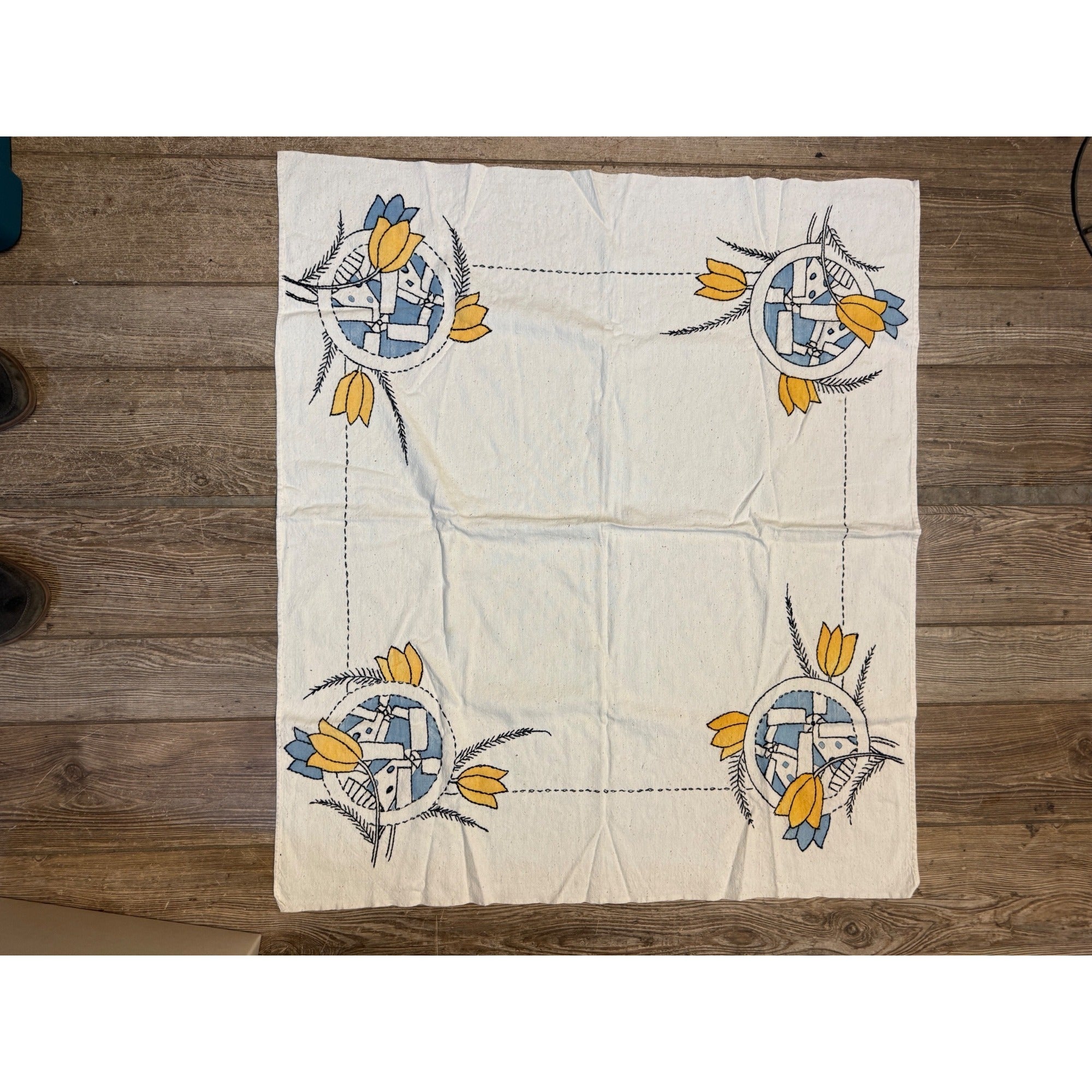 Vintage Hand-Embroidered Rectangular Tablecloth With Windmill and Tulip Decoration Antique Linen Holland Dutch Netherlands