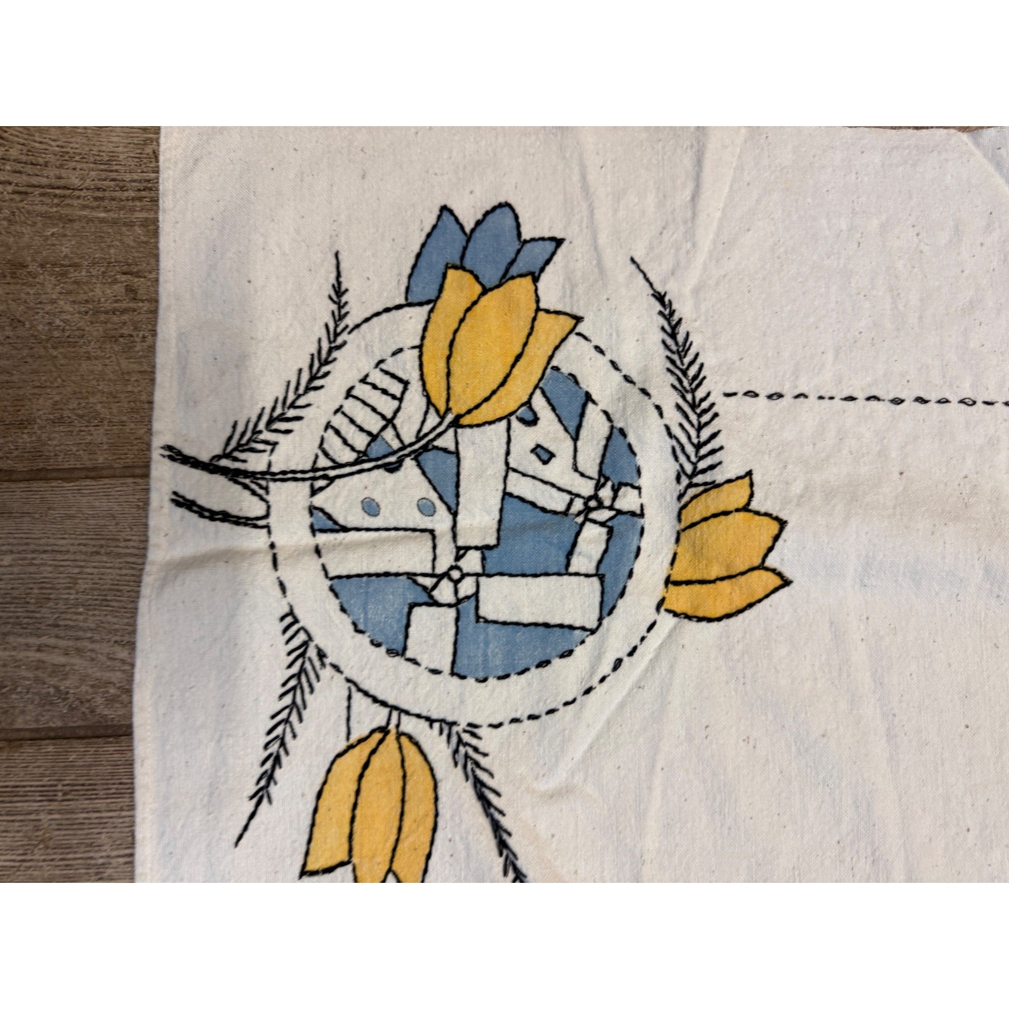 Vintage Hand-Embroidered Rectangular Tablecloth With Windmill and Tulip Decoration Antique Linen Holland Dutch Netherlands