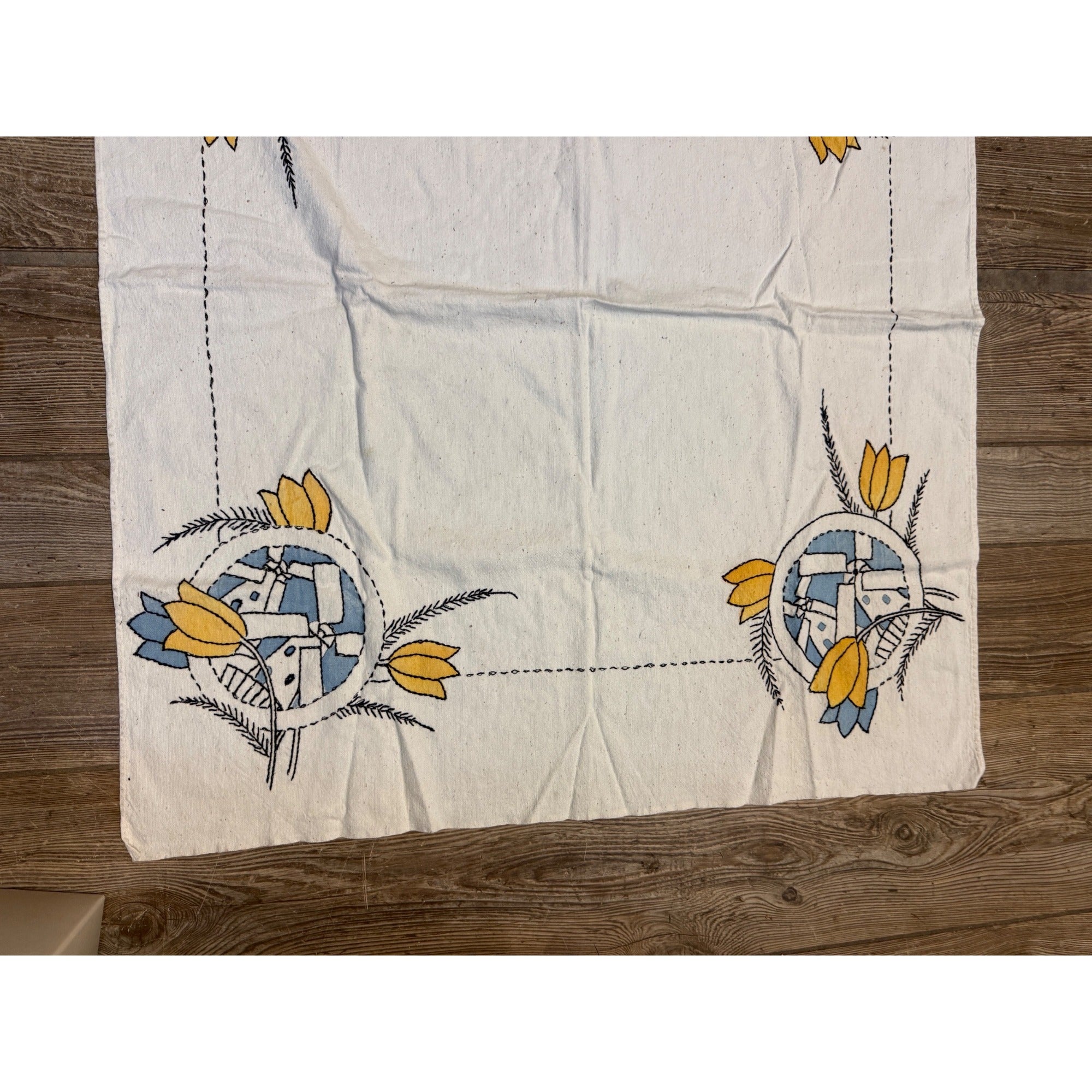 Vintage Hand-Embroidered Rectangular Tablecloth With Windmill and Tulip Decoration Antique Linen Holland Dutch Netherlands