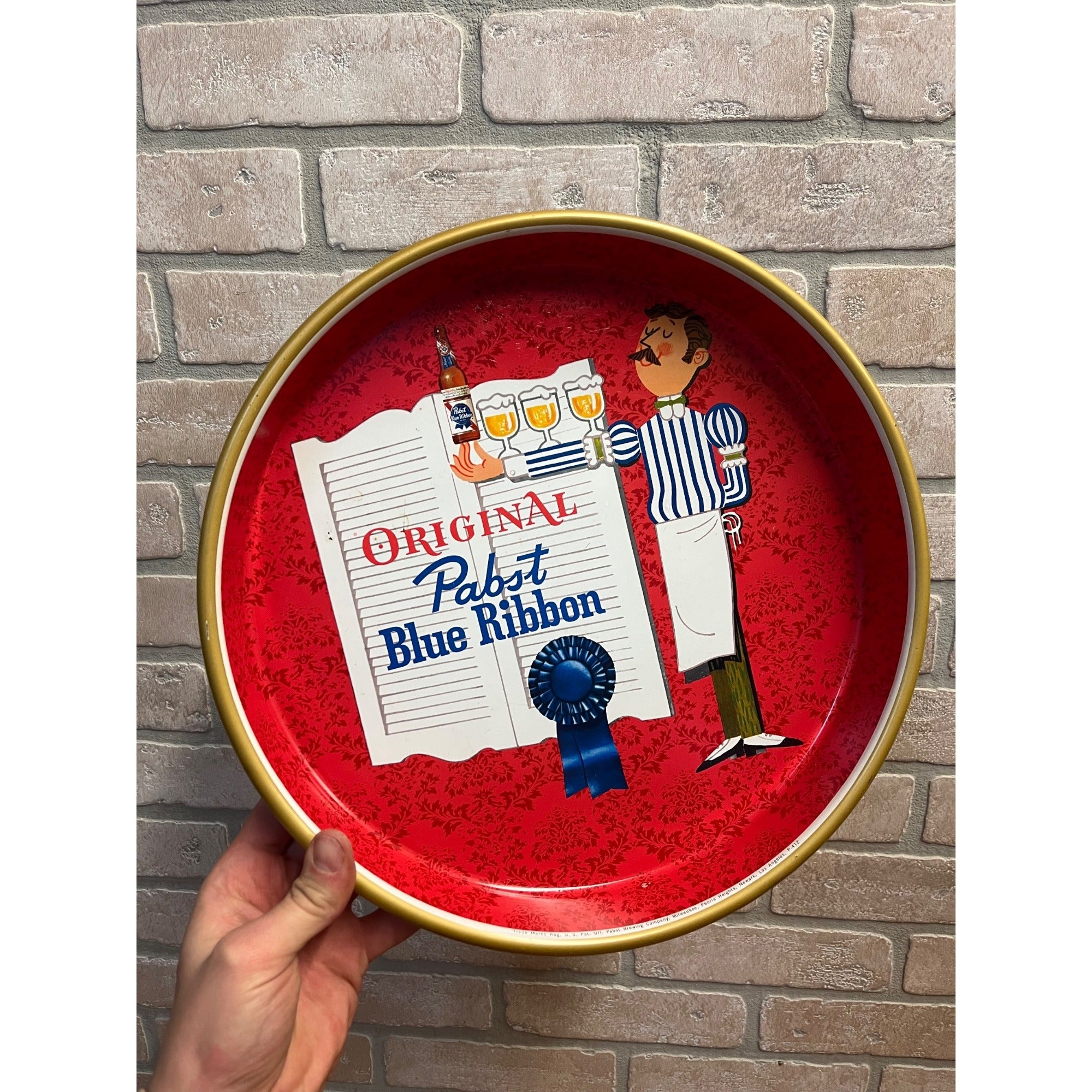 Original Pabst Blue Ribbon Beer Serving Tray Advertising Red Bartender