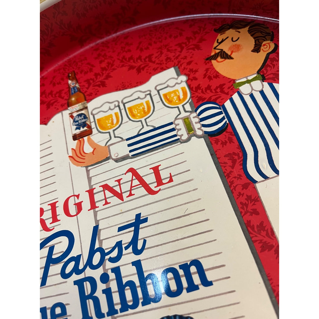 Original Pabst Blue Ribbon Beer Serving Tray Advertising Red Bartender