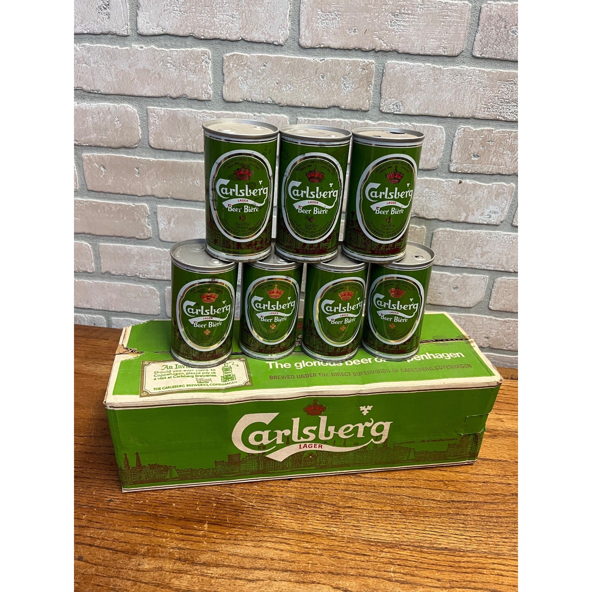 Vintage 1970s Carlsberg Lager Beer Push Button Beer Cans (7) w/ Original Box