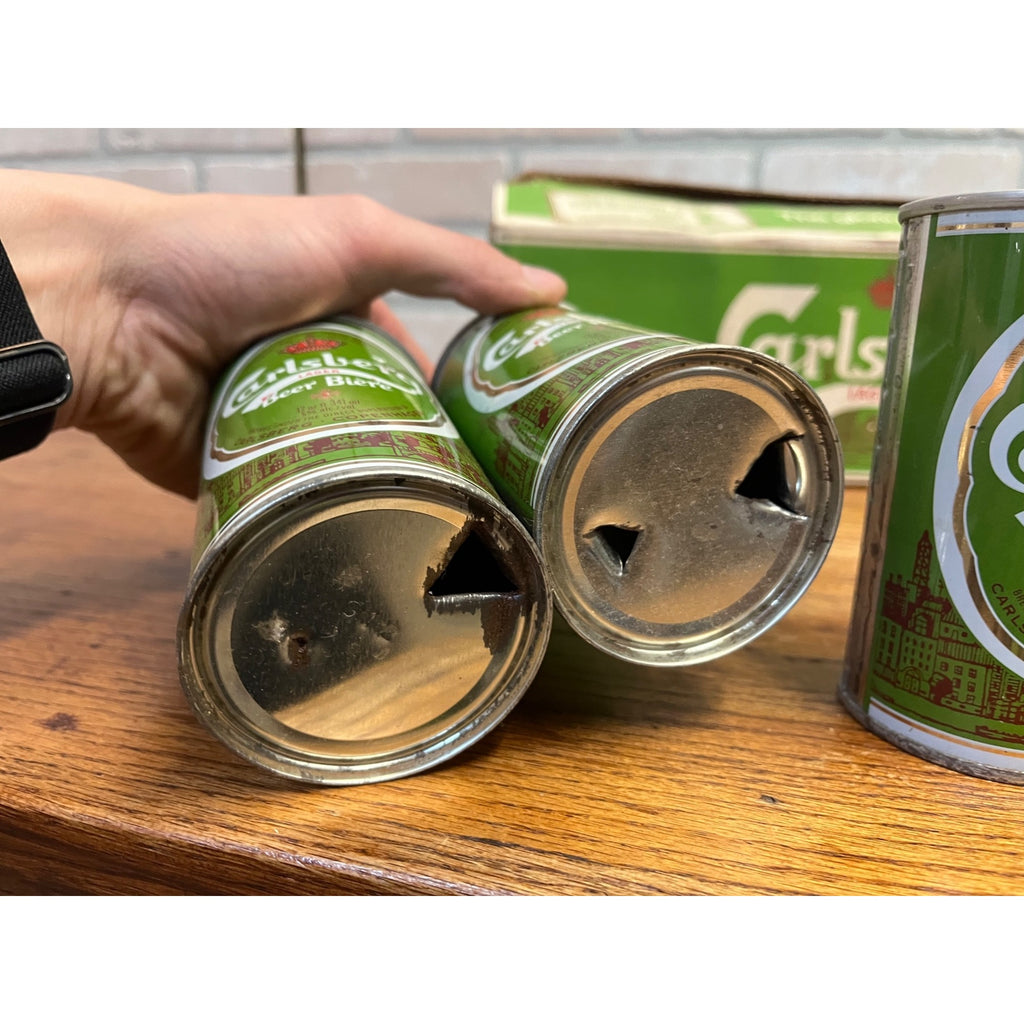 Vintage 1970s Carlsberg Lager Beer Push Button Beer Cans (7) w/ Original Box