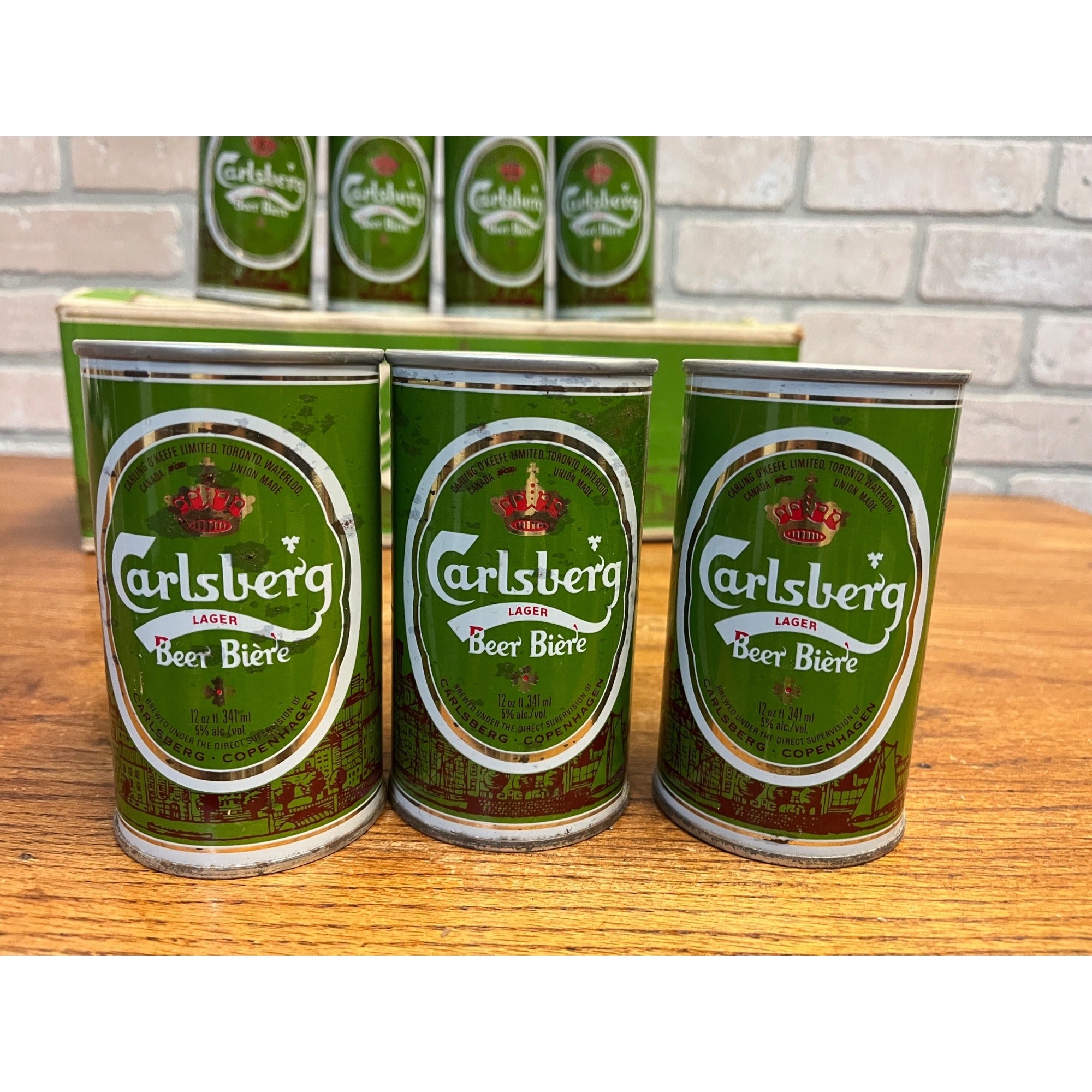 Vintage 1970s Carlsberg Lager Beer Push Button Beer Cans (7) w/ Original Box