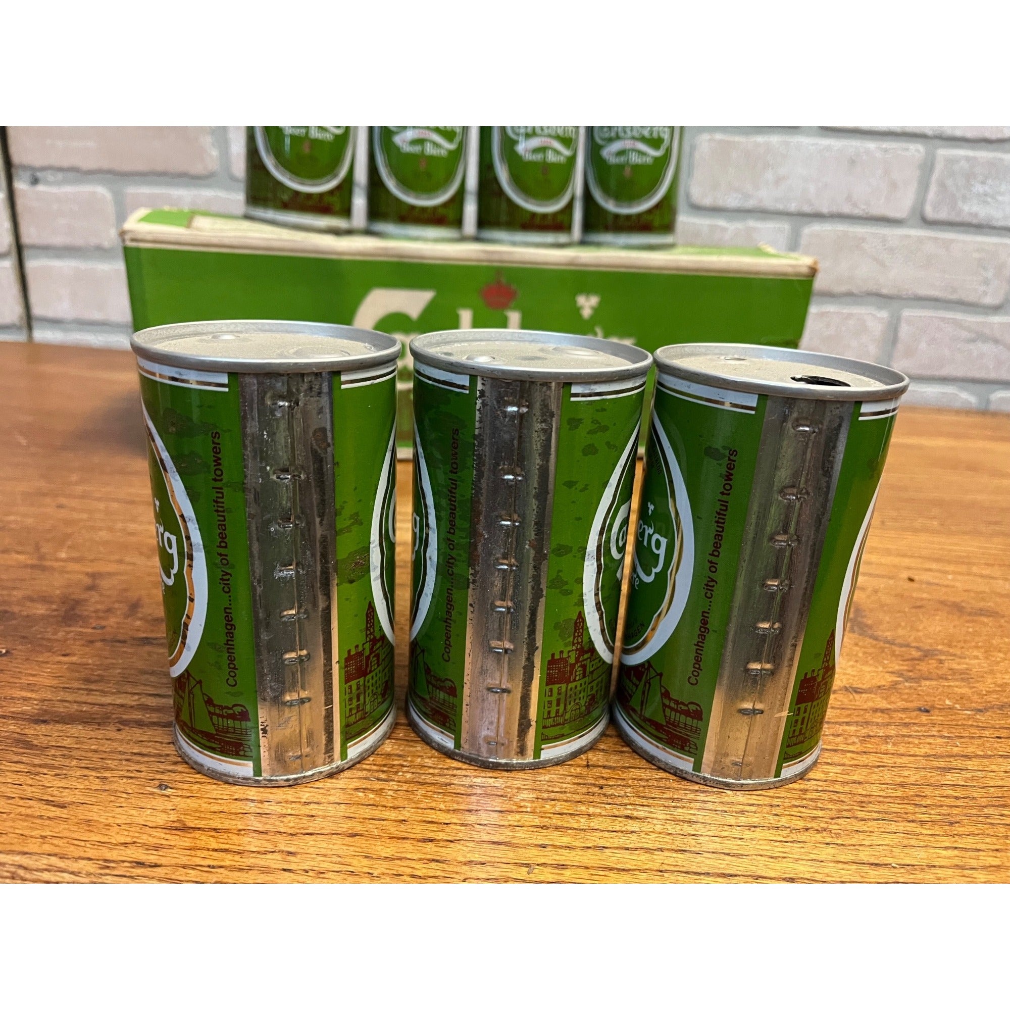 Vintage 1970s Carlsberg Lager Beer Push Button Beer Cans (7) w/ Original Box