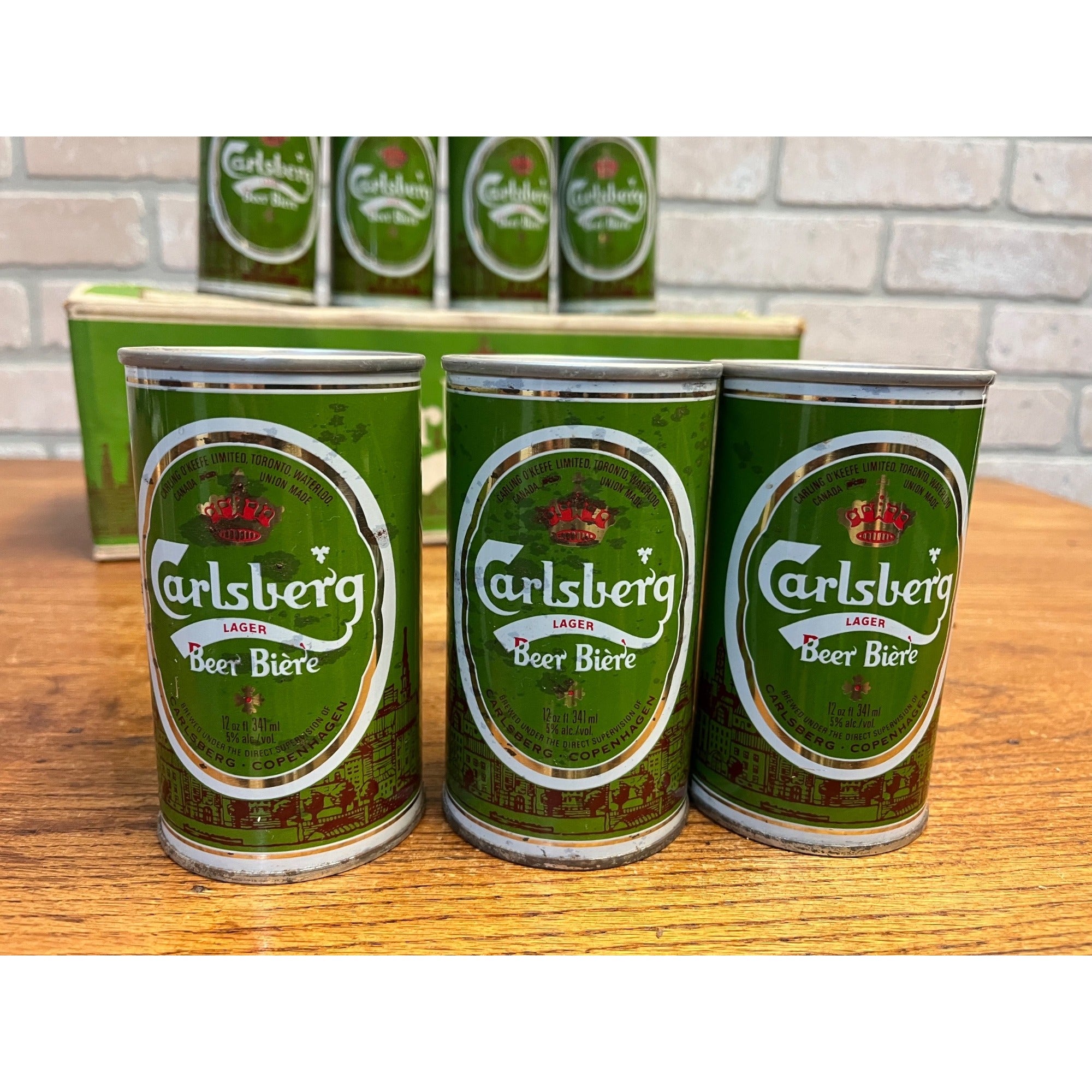 Vintage 1970s Carlsberg Lager Beer Push Button Beer Cans (7) w/ Original Box