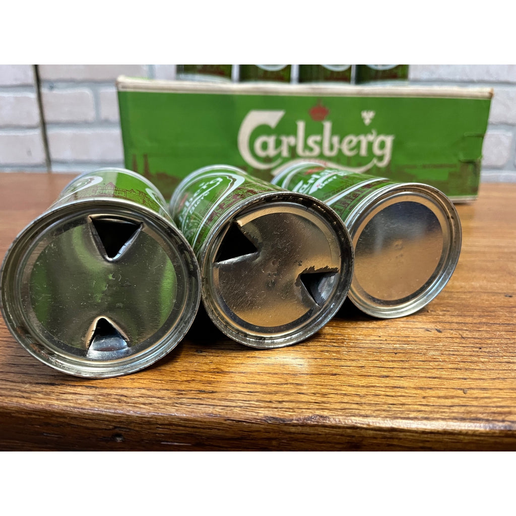 Vintage 1970s Carlsberg Lager Beer Push Button Beer Cans (7) w/ Original Box