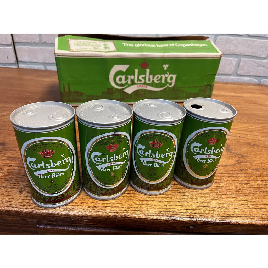 Vintage 1970s Carlsberg Lager Beer Push Button Beer Cans (7) w/ Original Box