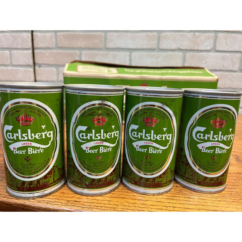 Vintage 1970s Carlsberg Lager Beer Push Button Beer Cans (7) w/ Original Box