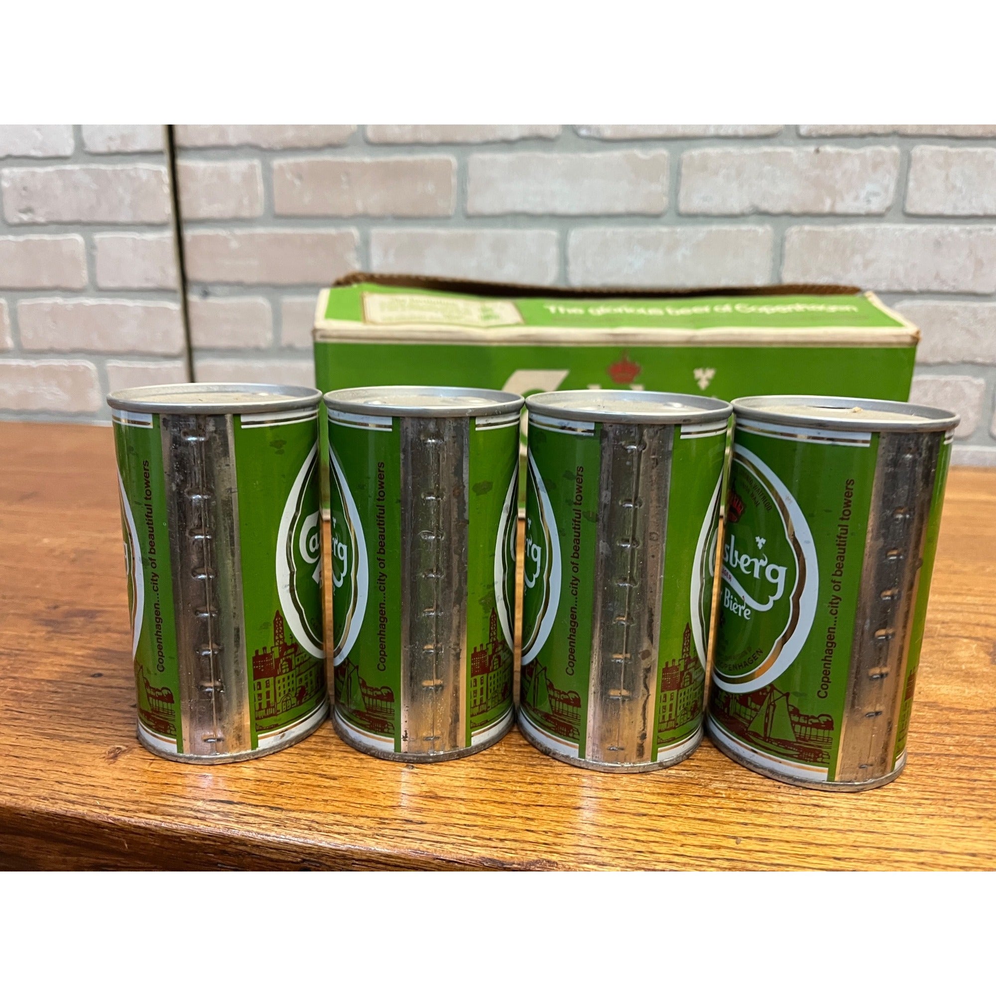 Vintage 1970s Carlsberg Lager Beer Push Button Beer Cans (7) w/ Original Box