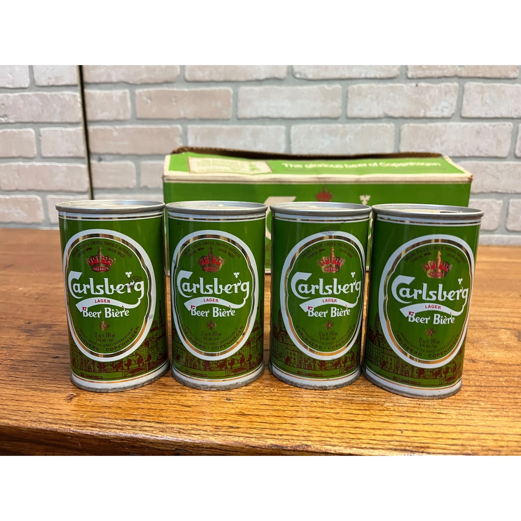 Vintage 1970s Carlsberg Lager Beer Push Button Beer Cans (7) w/ Original Box
